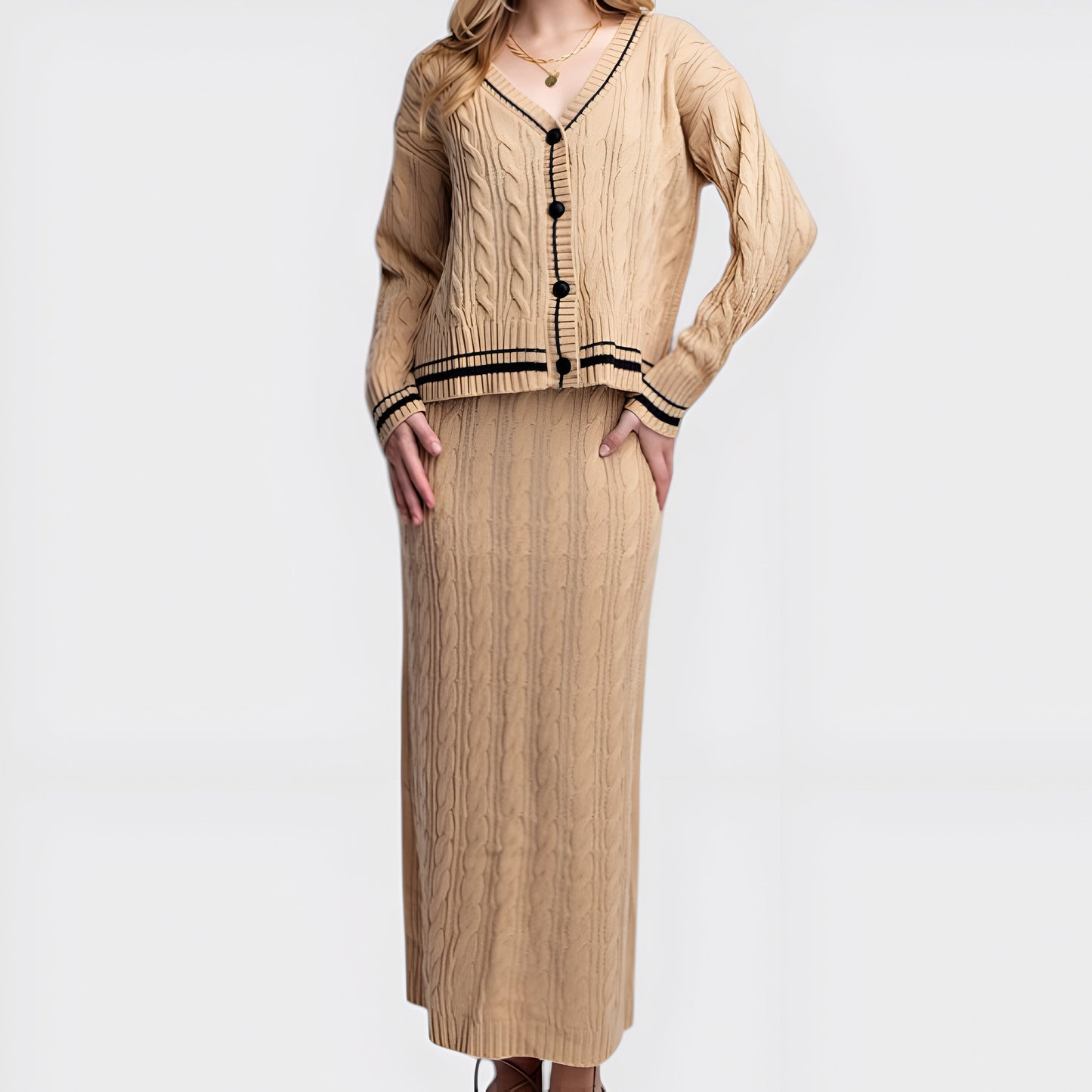 Cable Knit Cardigan & Maxi Skirt Set with Striped Trim and Button Detail