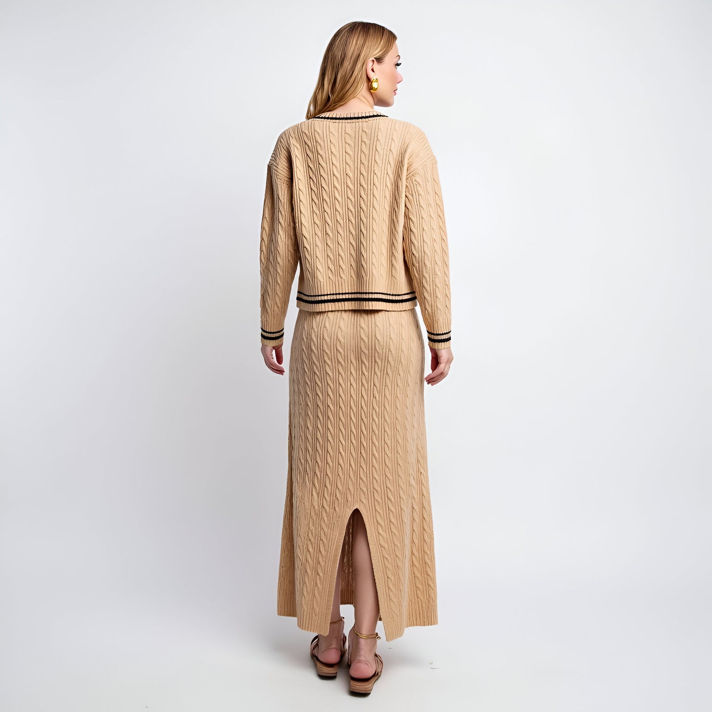 Cable Knit Cardigan & Maxi Skirt Set with Striped Trim and Button Detail