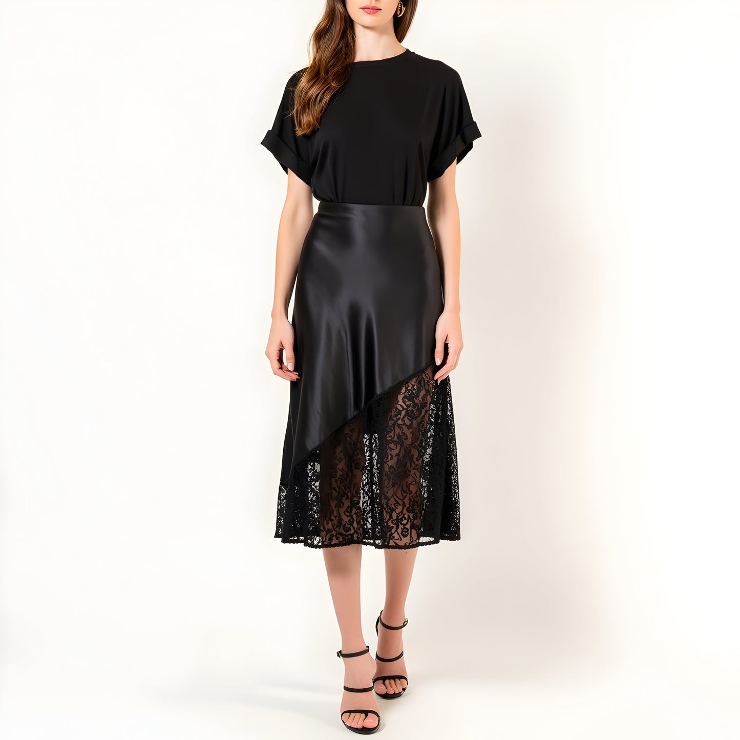 Asymmetrical Satin Midi Skirt with Sheer Lace Hem and Fitted Waist
