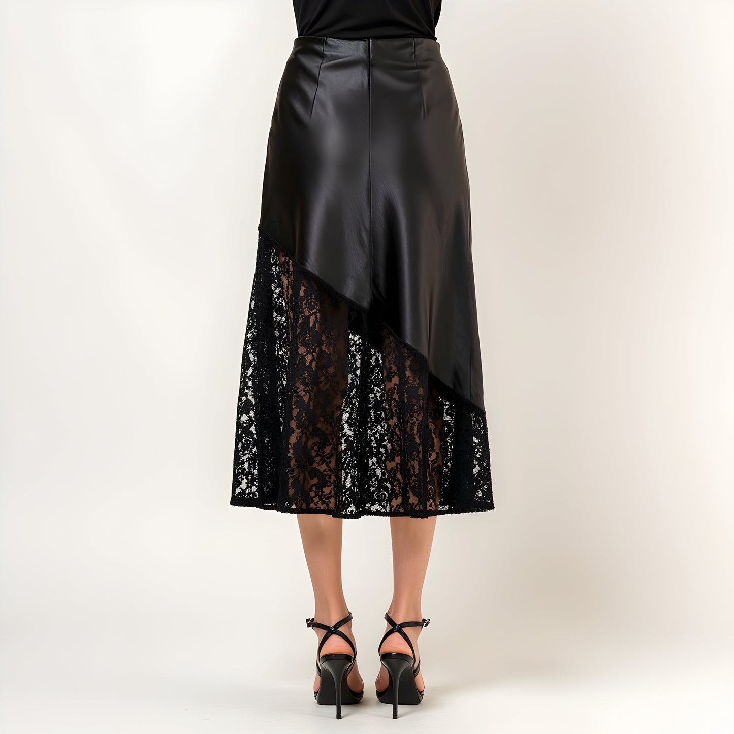 Asymmetrical Satin Midi Skirt with Sheer Lace Hem and Fitted Waist