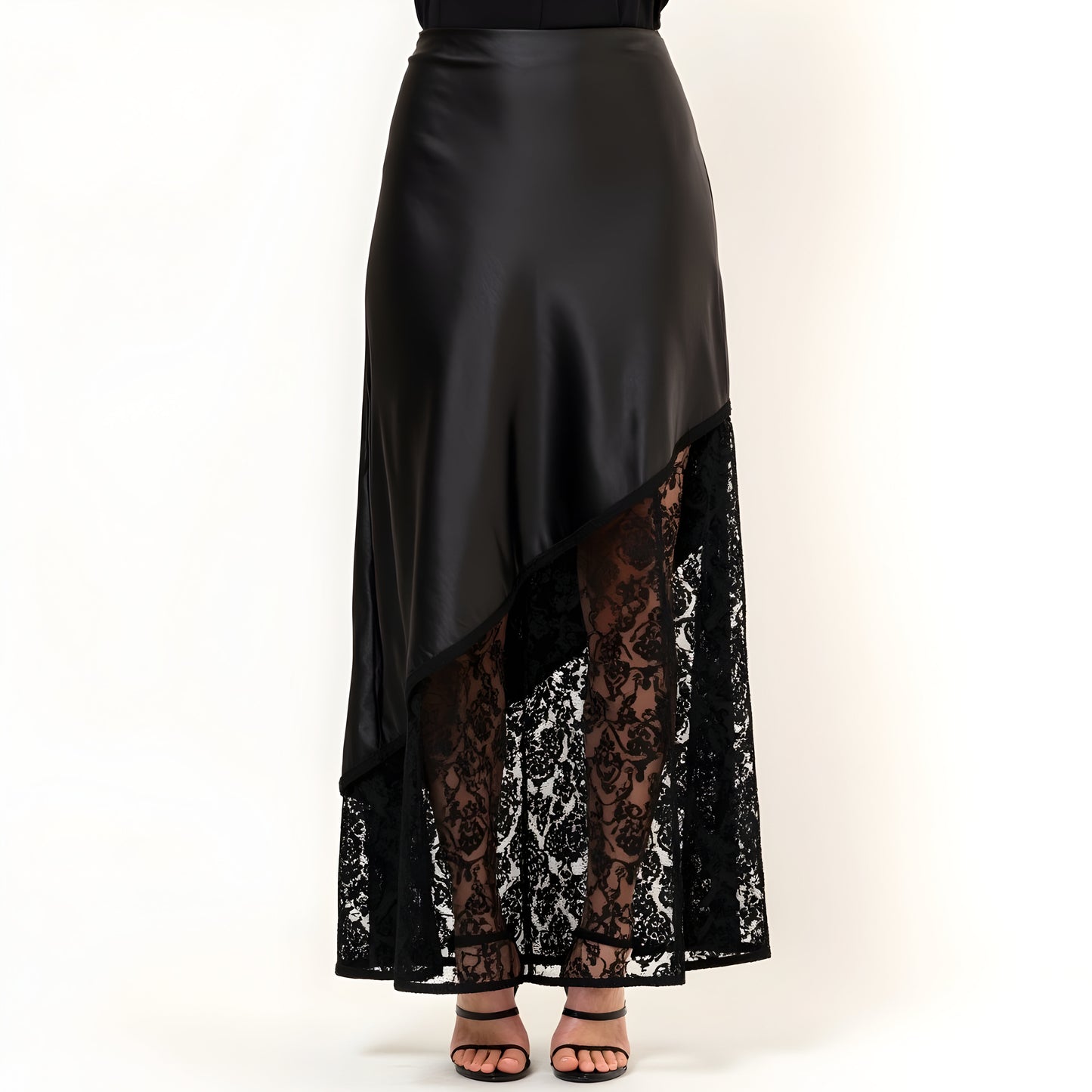 Asymmetrical Satin Midi Skirt with Sheer Lace Hem and Fitted Waist