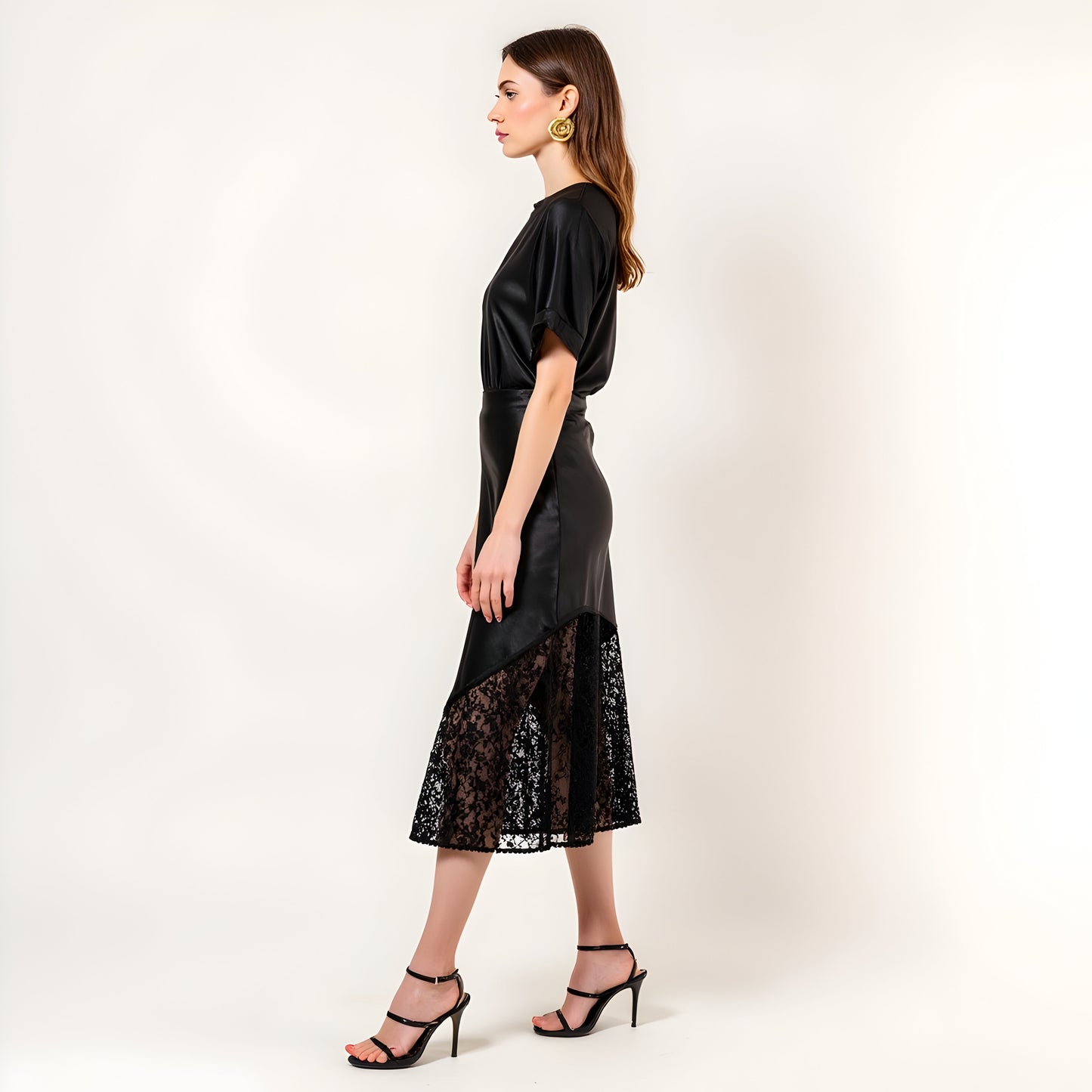 Asymmetrical Satin Midi Skirt with Sheer Lace Hem and Fitted Waist