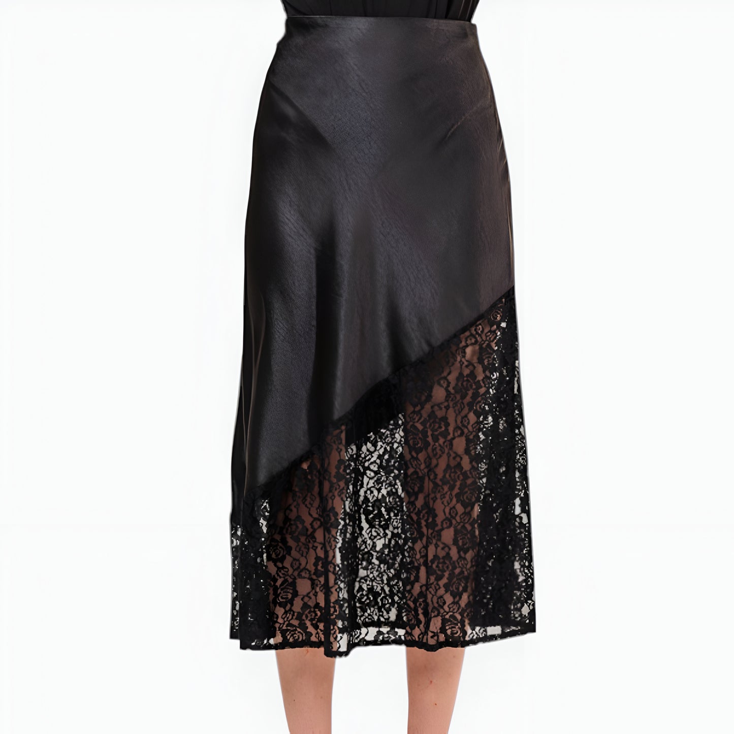 Asymmetrical Satin Midi Skirt with Sheer Lace Hem and Fitted Waist
