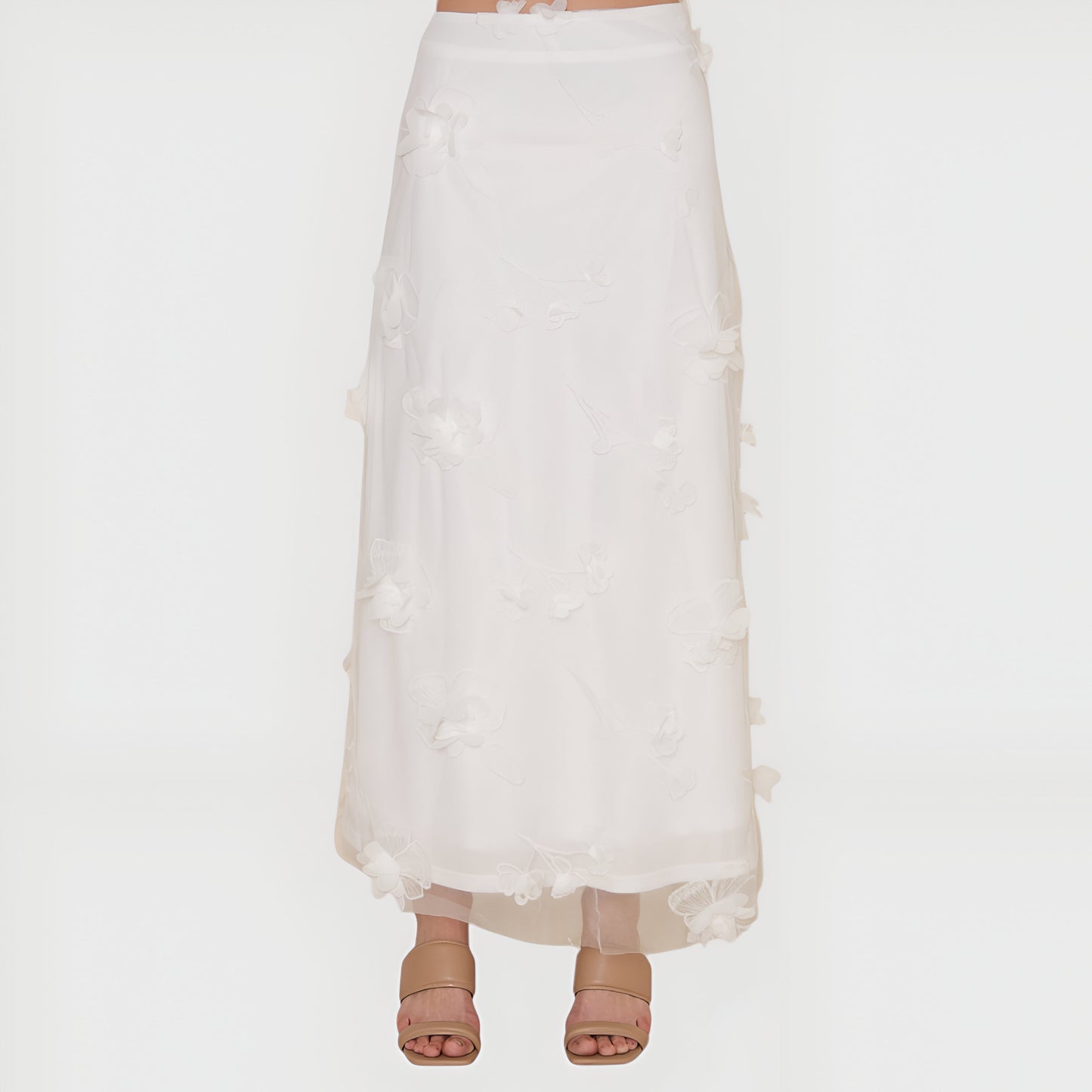 Embroidered Mesh Maxi Skirt with 3D Floral Appliqué