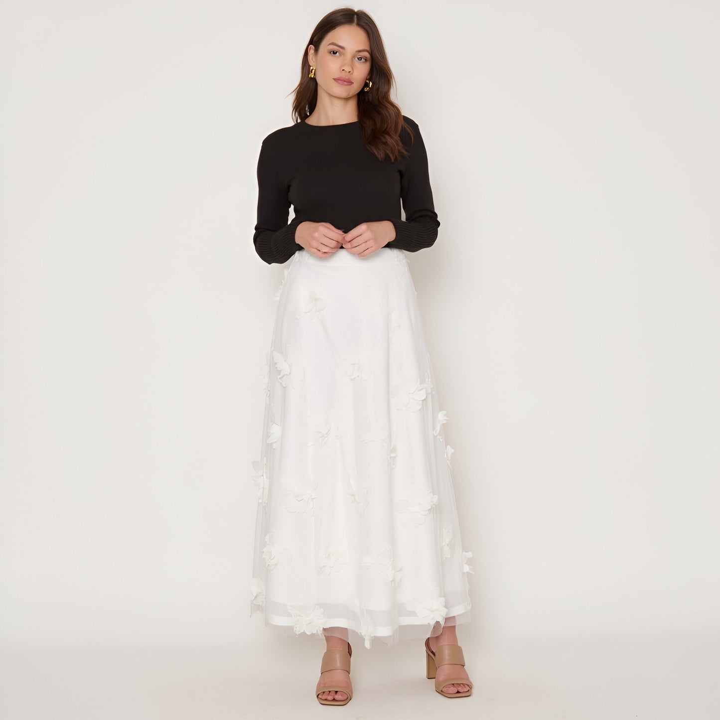 Embroidered Mesh Maxi Skirt with 3D Floral Appliqué