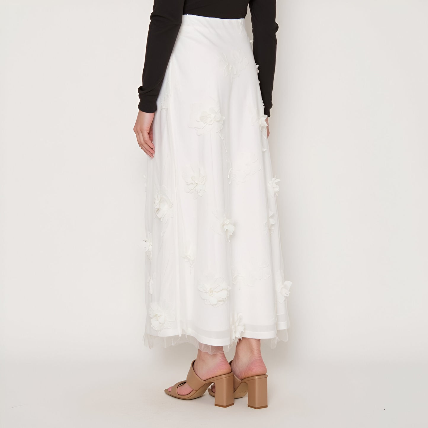 Embroidered Mesh Maxi Skirt with 3D Floral Appliqué
