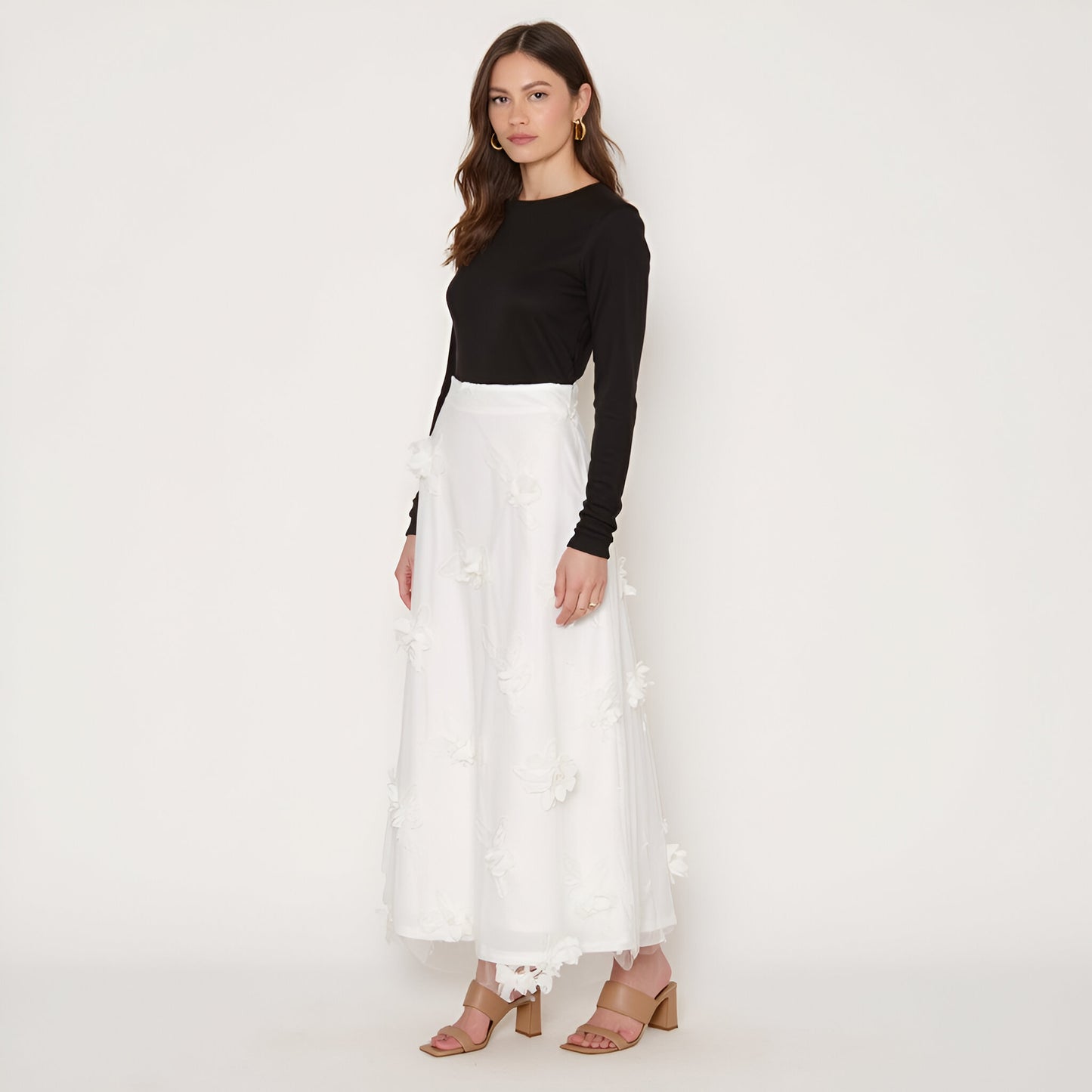 Embroidered Mesh Maxi Skirt with 3D Floral Appliqué