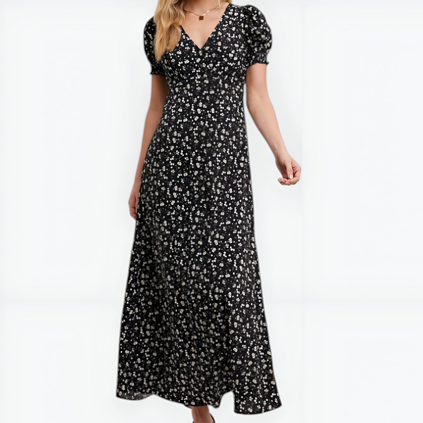 Floral Print Maxi Dress with Puff Sleeves and Flattering V-Neckline