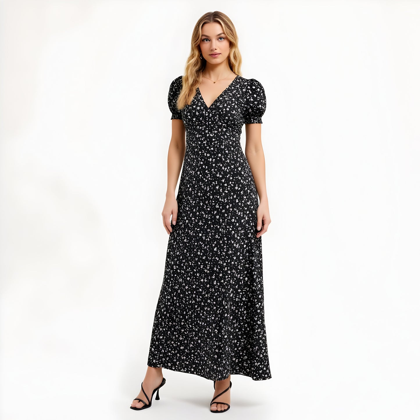 Floral Print Maxi Dress with Puff Sleeves and Flattering V-Neckline