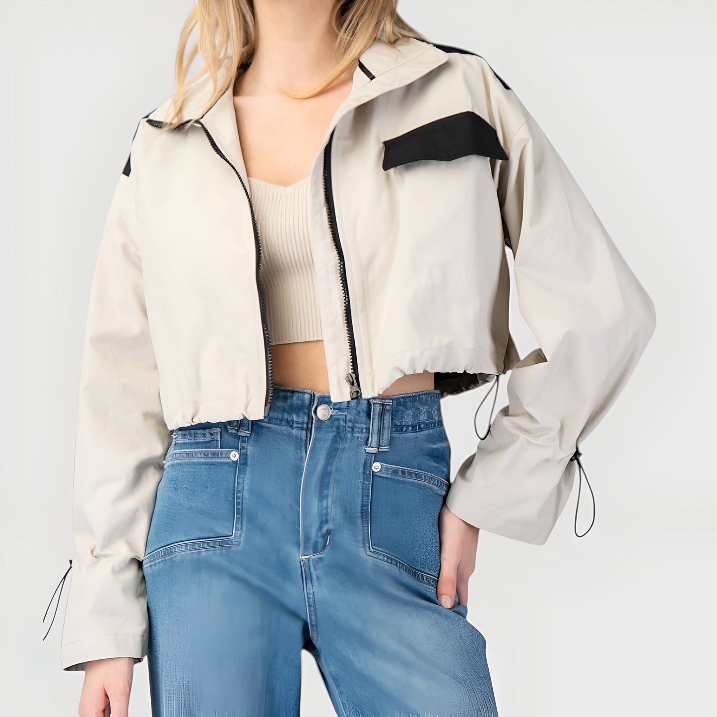 Cropped Zip Jacket with Contrast Pockets and Adjustable Sleeves