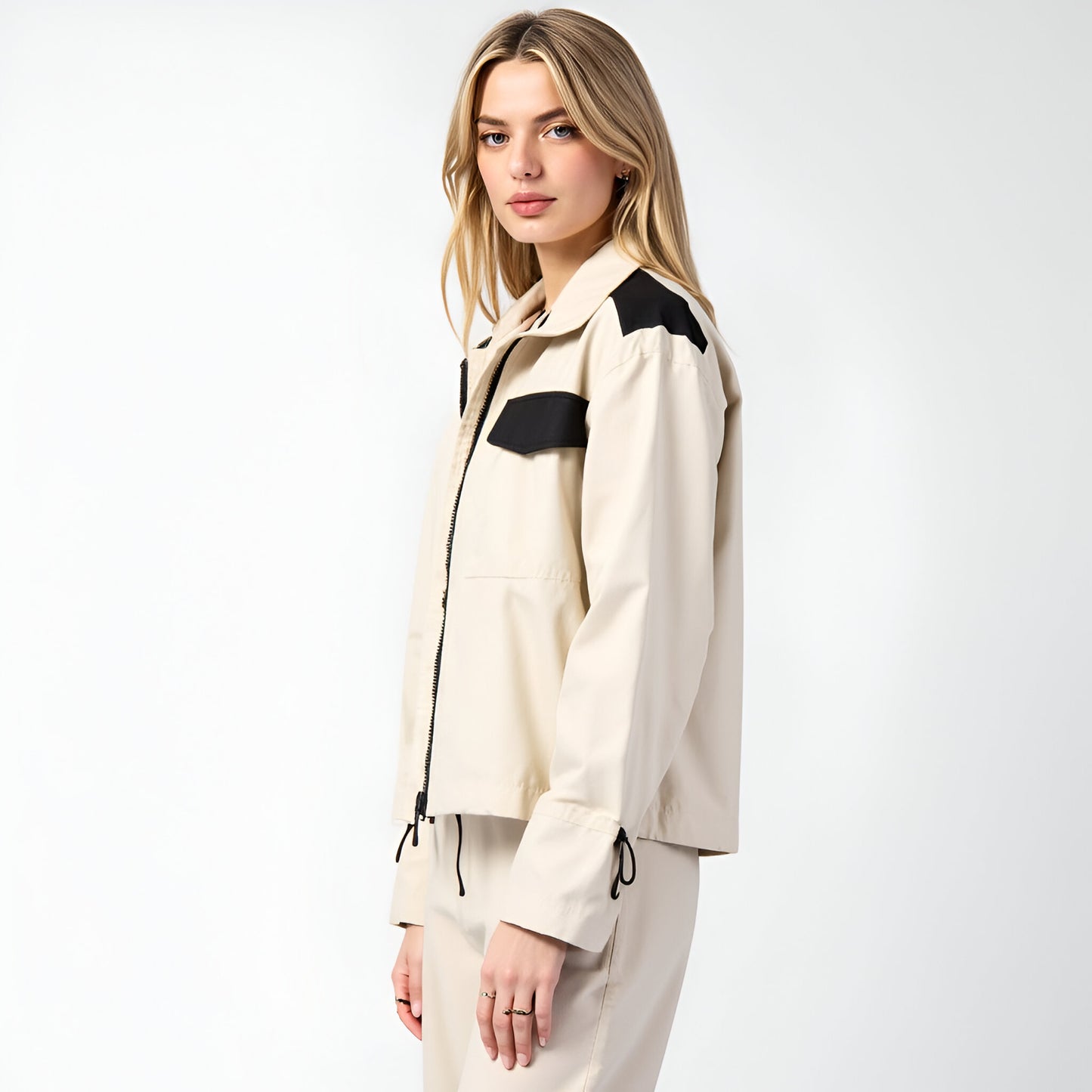 Cropped Zip Jacket with Contrast Pockets and Adjustable Sleeves
