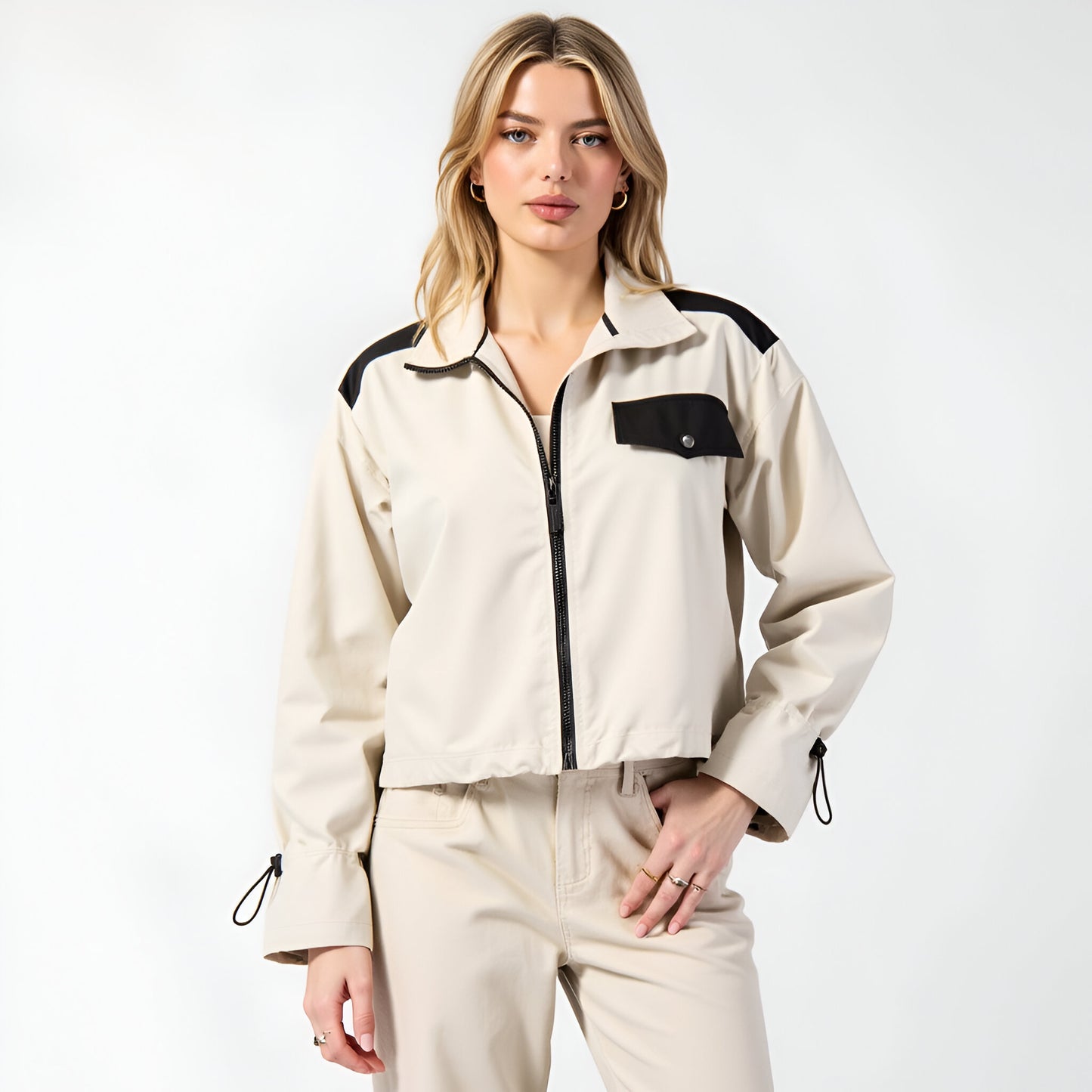 Cropped Zip Jacket with Contrast Pockets and Adjustable Sleeves