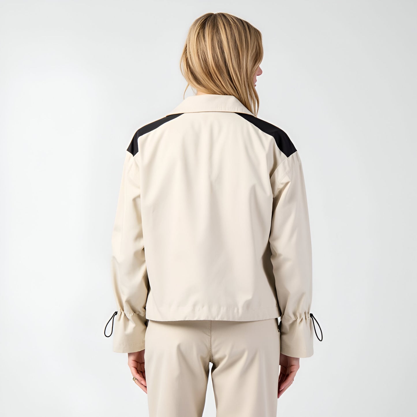 Cropped Zip Jacket with Contrast Pockets and Adjustable Sleeves