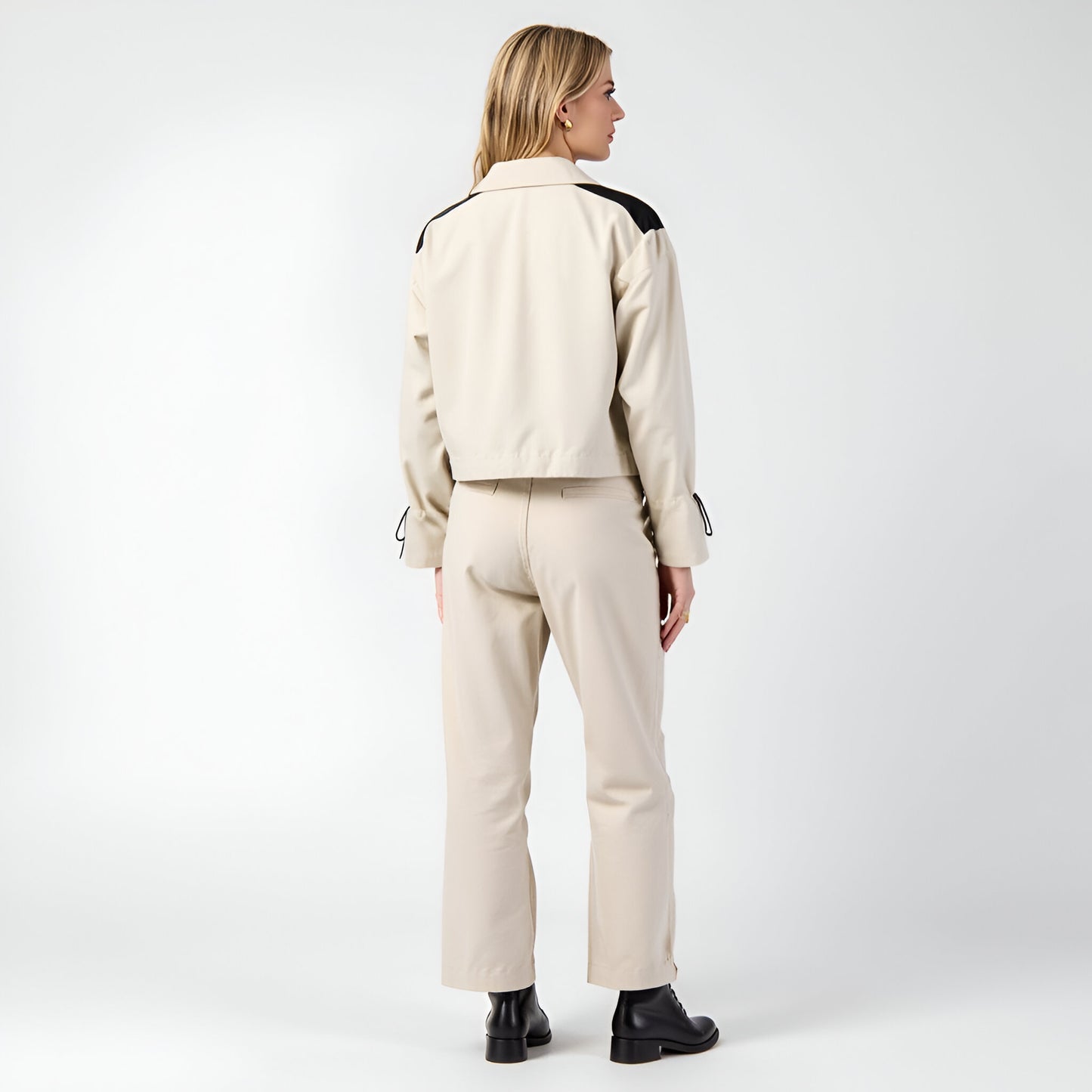 Cropped Zip Jacket with Contrast Pockets and Adjustable Sleeves