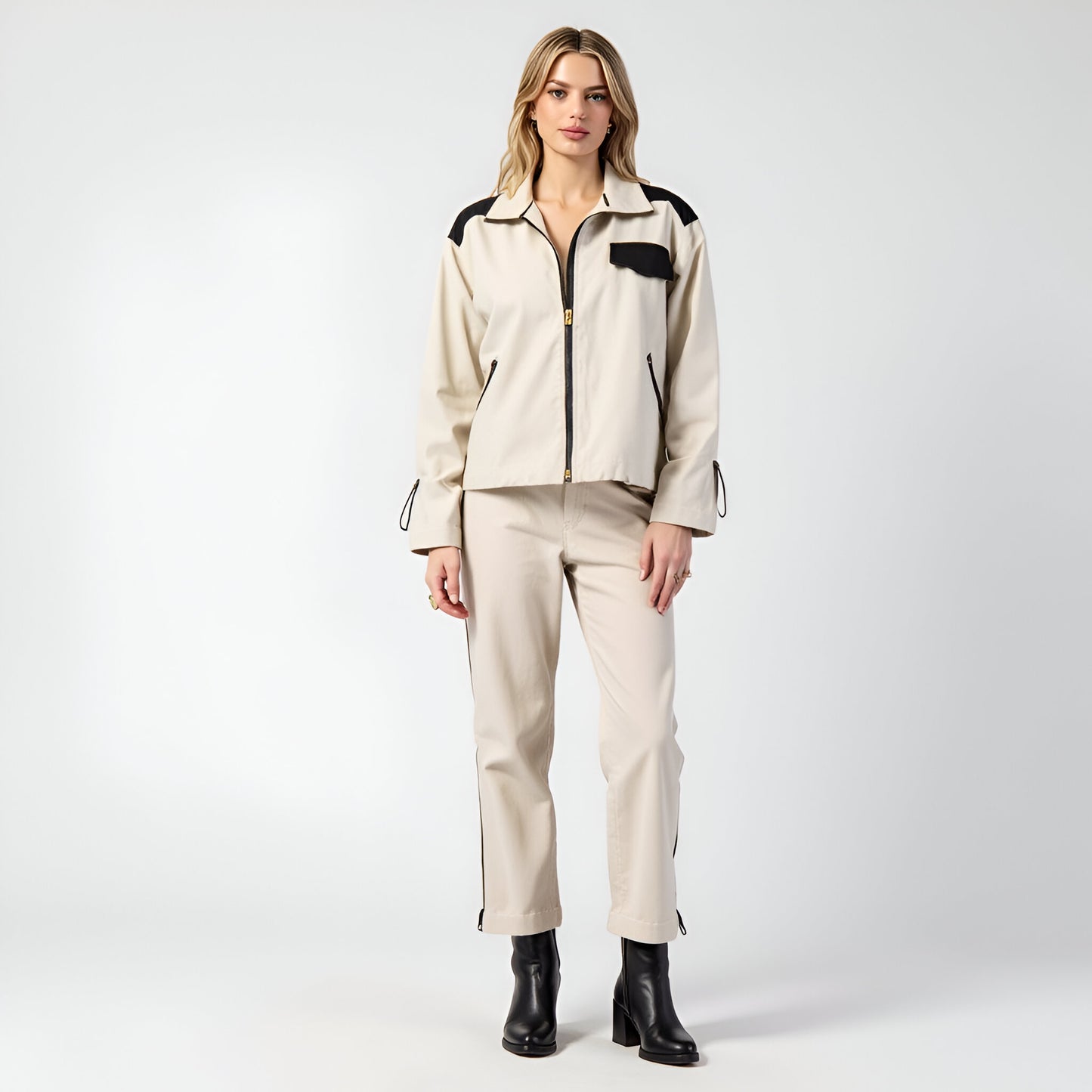 Cropped Zip Jacket with Contrast Pockets and Adjustable Sleeves