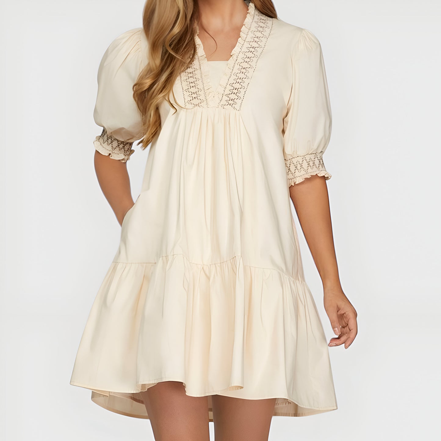 Smocked Sleeve Mini Dress with Embroidered Neckline and Tiered Hem