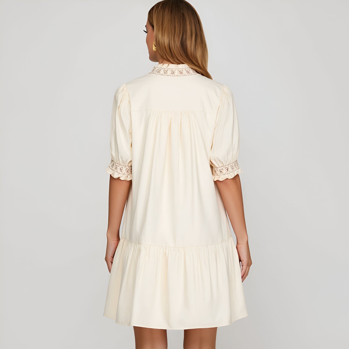 Smocked Sleeve Mini Dress with Embroidered Neckline and Tiered Hem