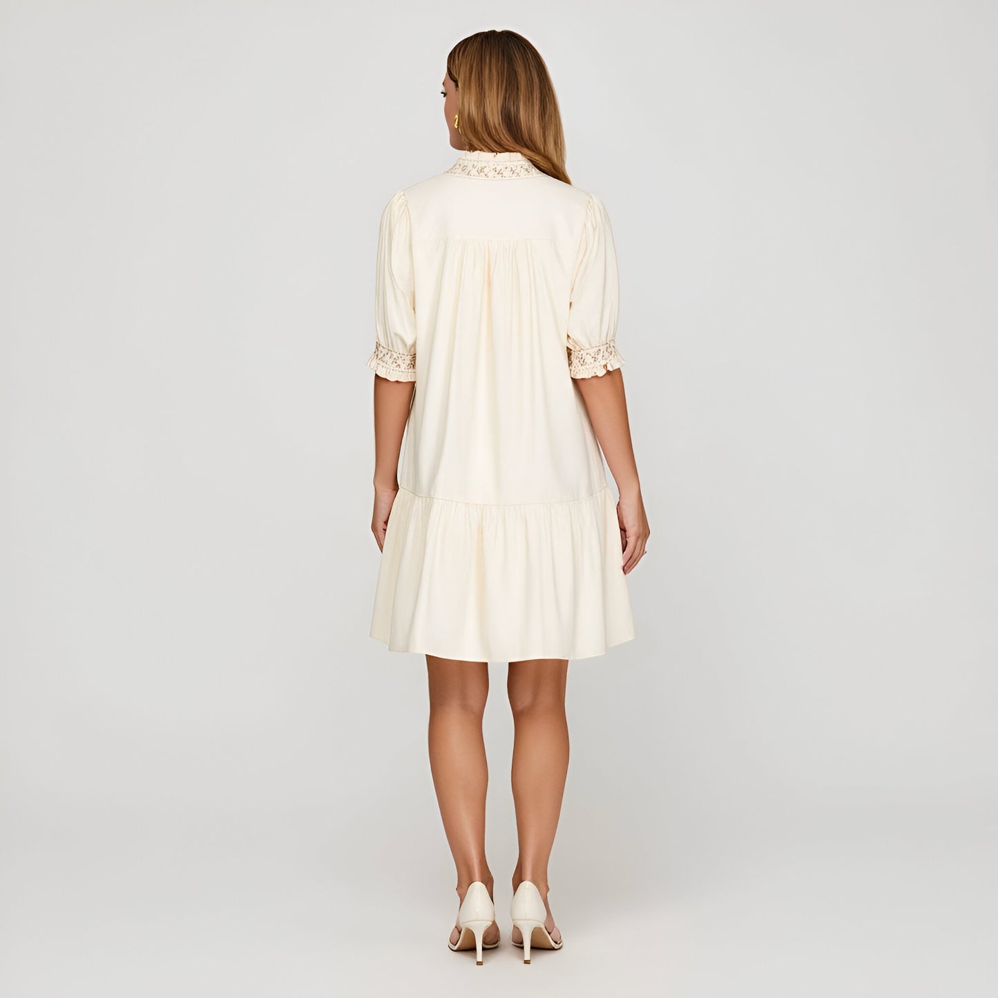 Smocked Sleeve Mini Dress with Embroidered Neckline and Tiered Hem