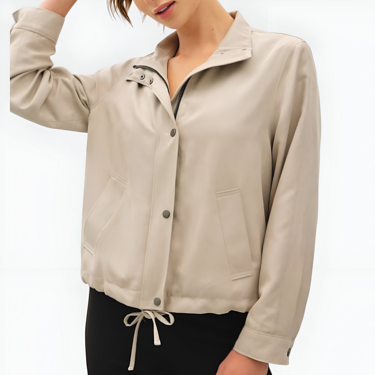Cropped Utility Jacket with Snap Buttons and Adjustable Drawstring Hem