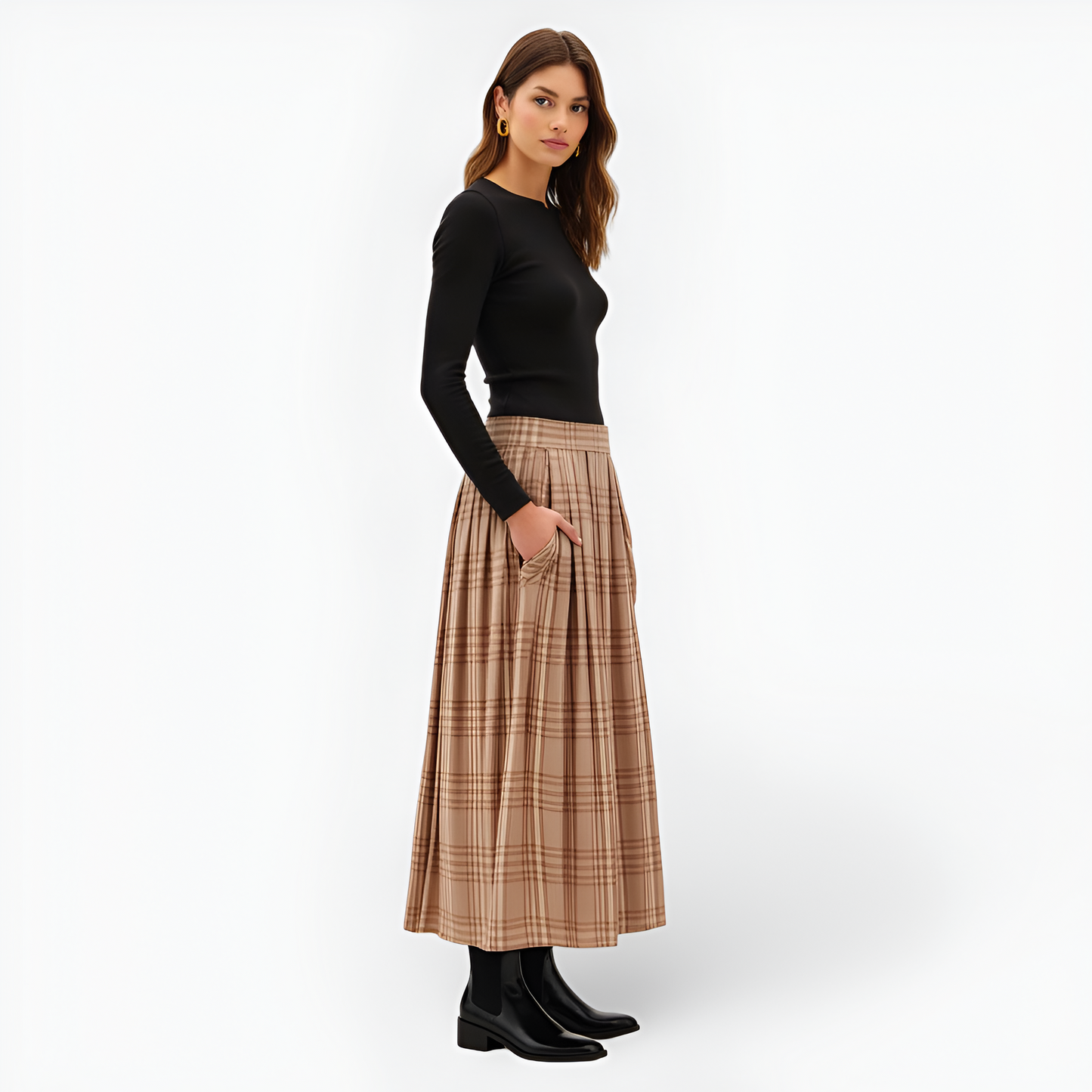 Plaid Pleated Maxi Skirt with Elastic Waistband and Side Pockets