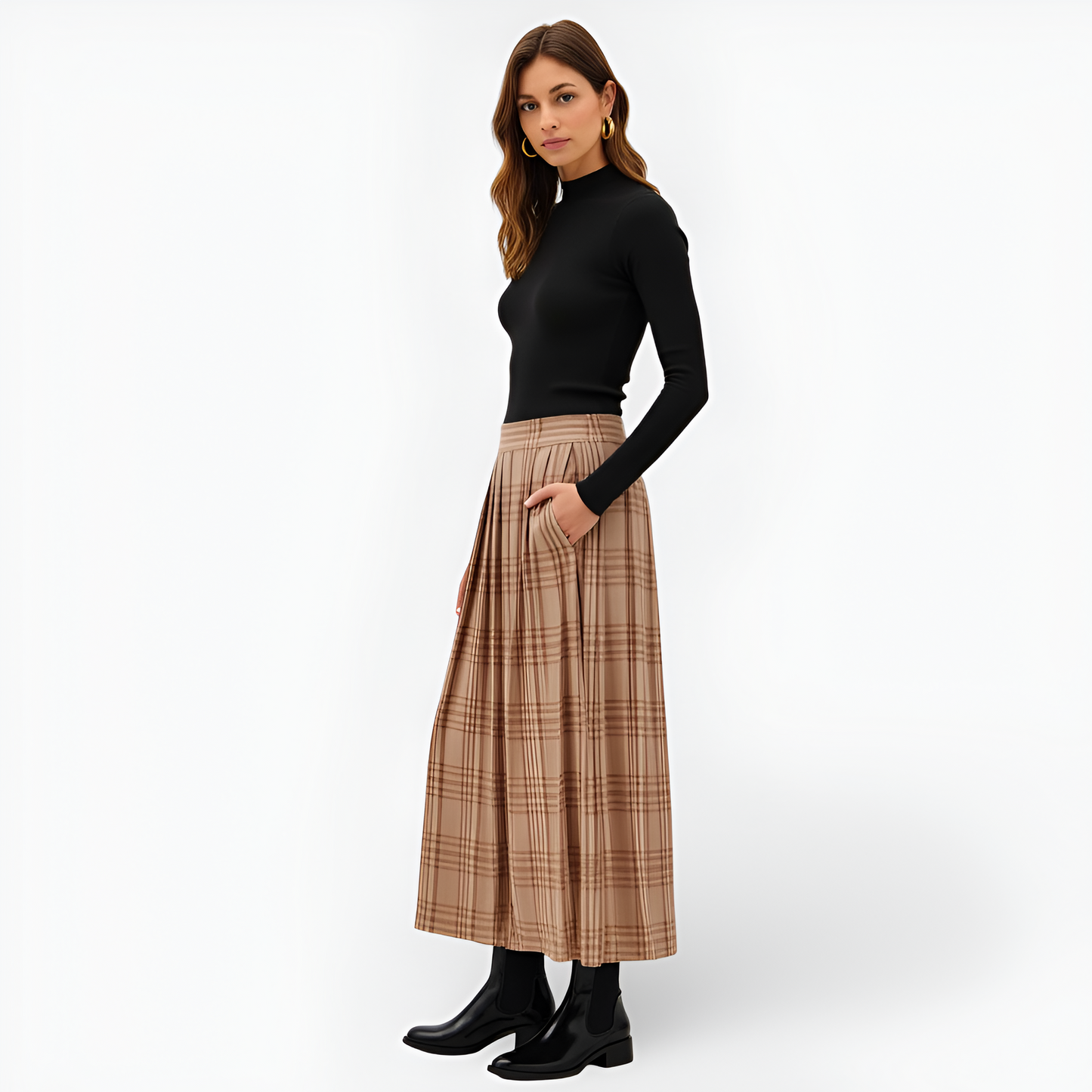 Plaid Pleated Maxi Skirt with Elastic Waistband and Side Pockets