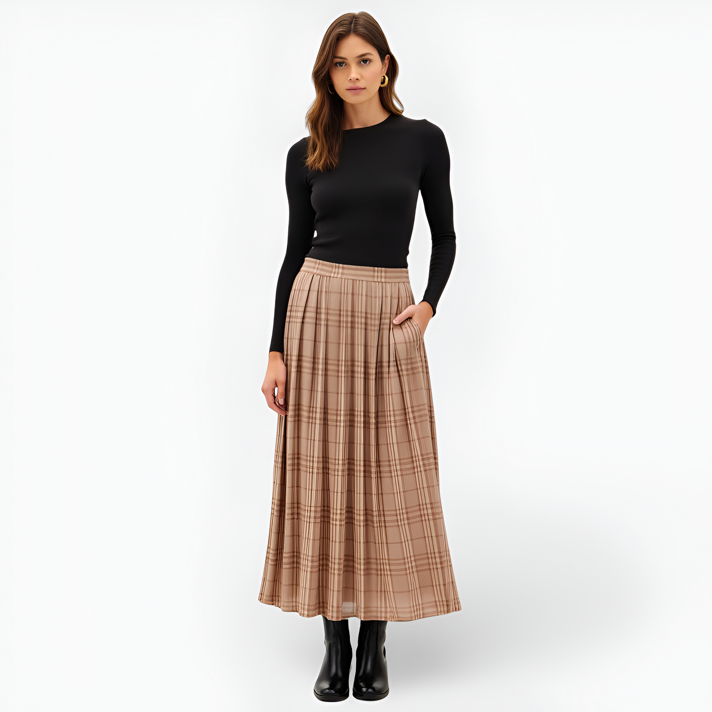 Plaid Pleated Maxi Skirt with Elastic Waistband and Side Pockets
