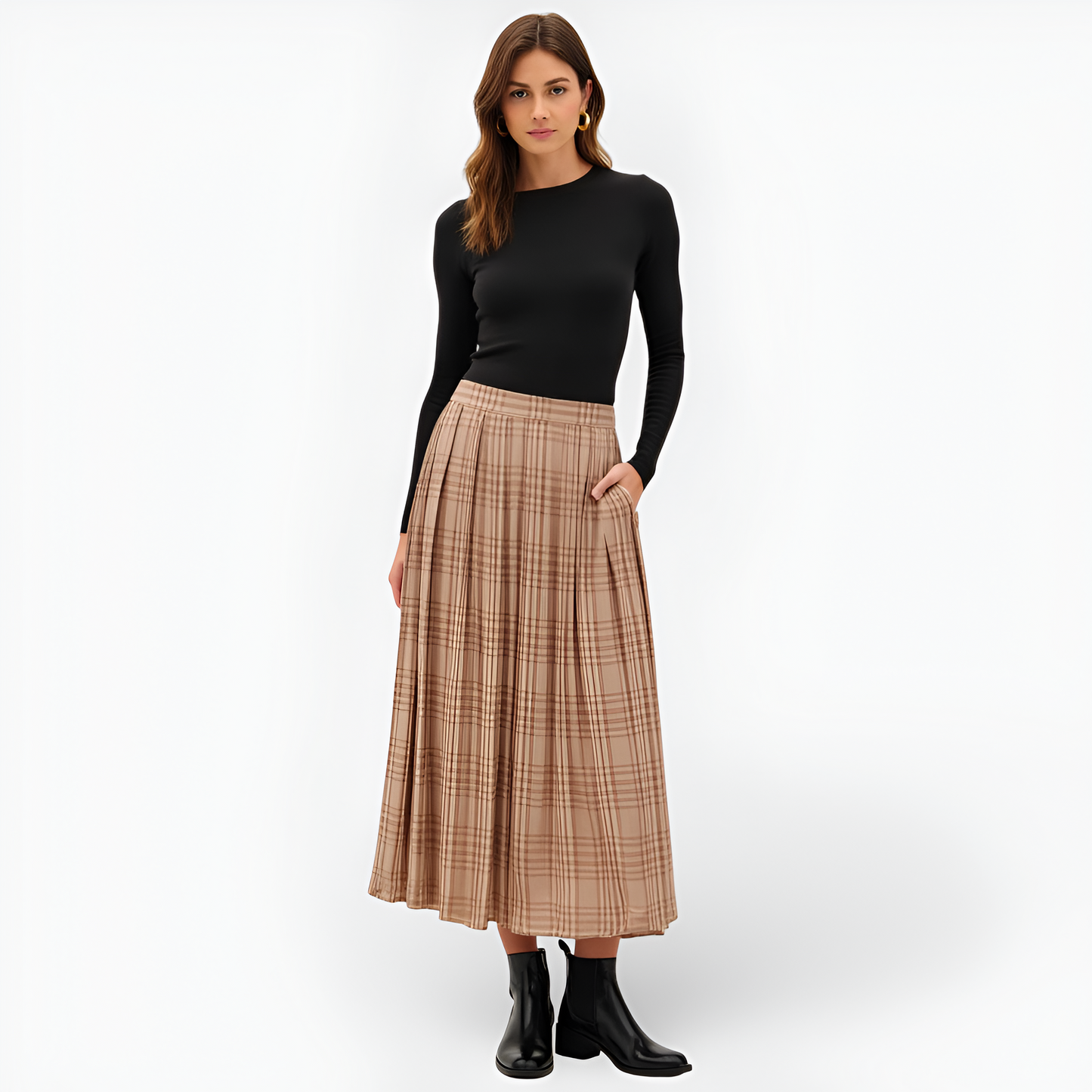 Plaid Pleated Maxi Skirt with Elastic Waistband and Side Pockets