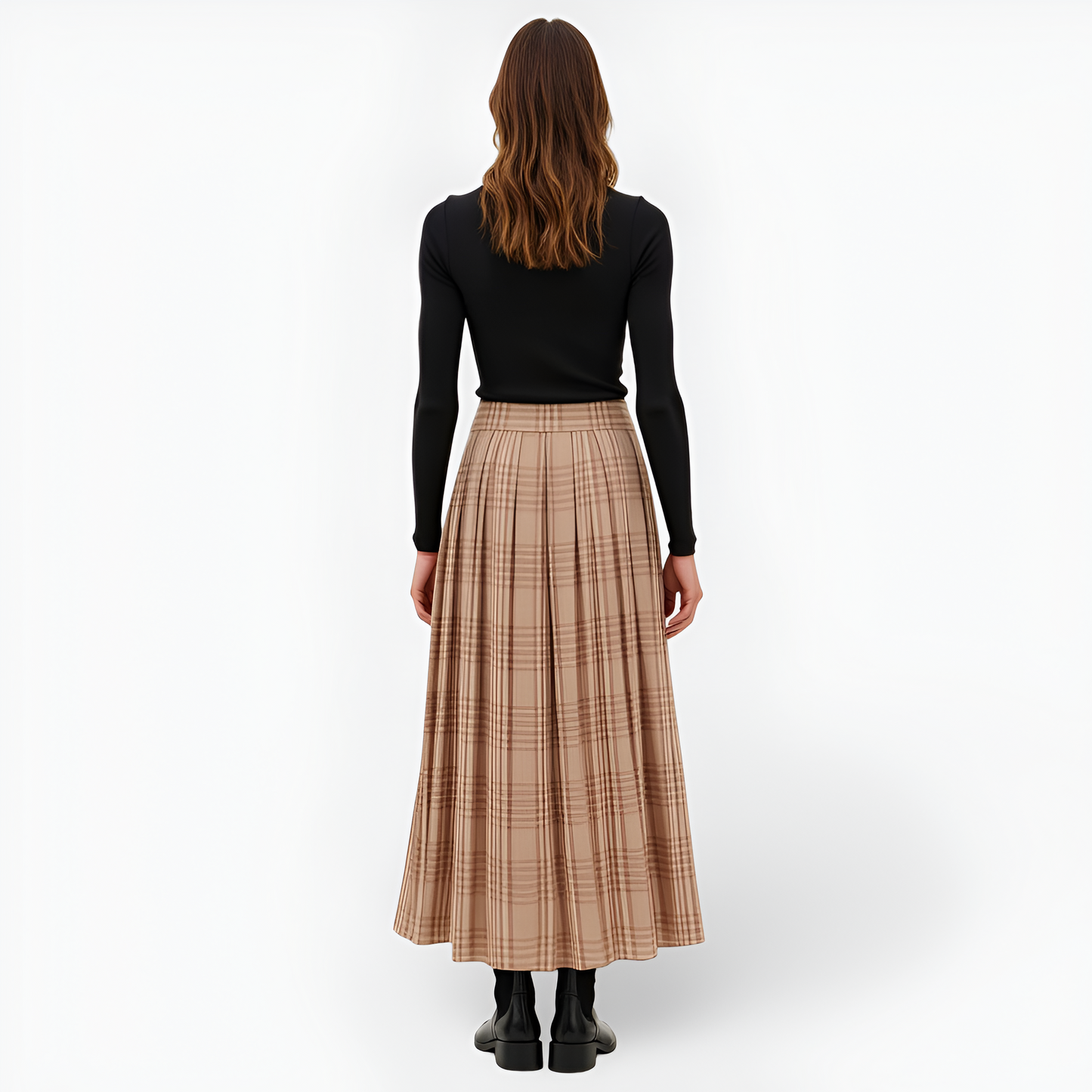 Plaid Pleated Maxi Skirt with Elastic Waistband and Side Pockets
