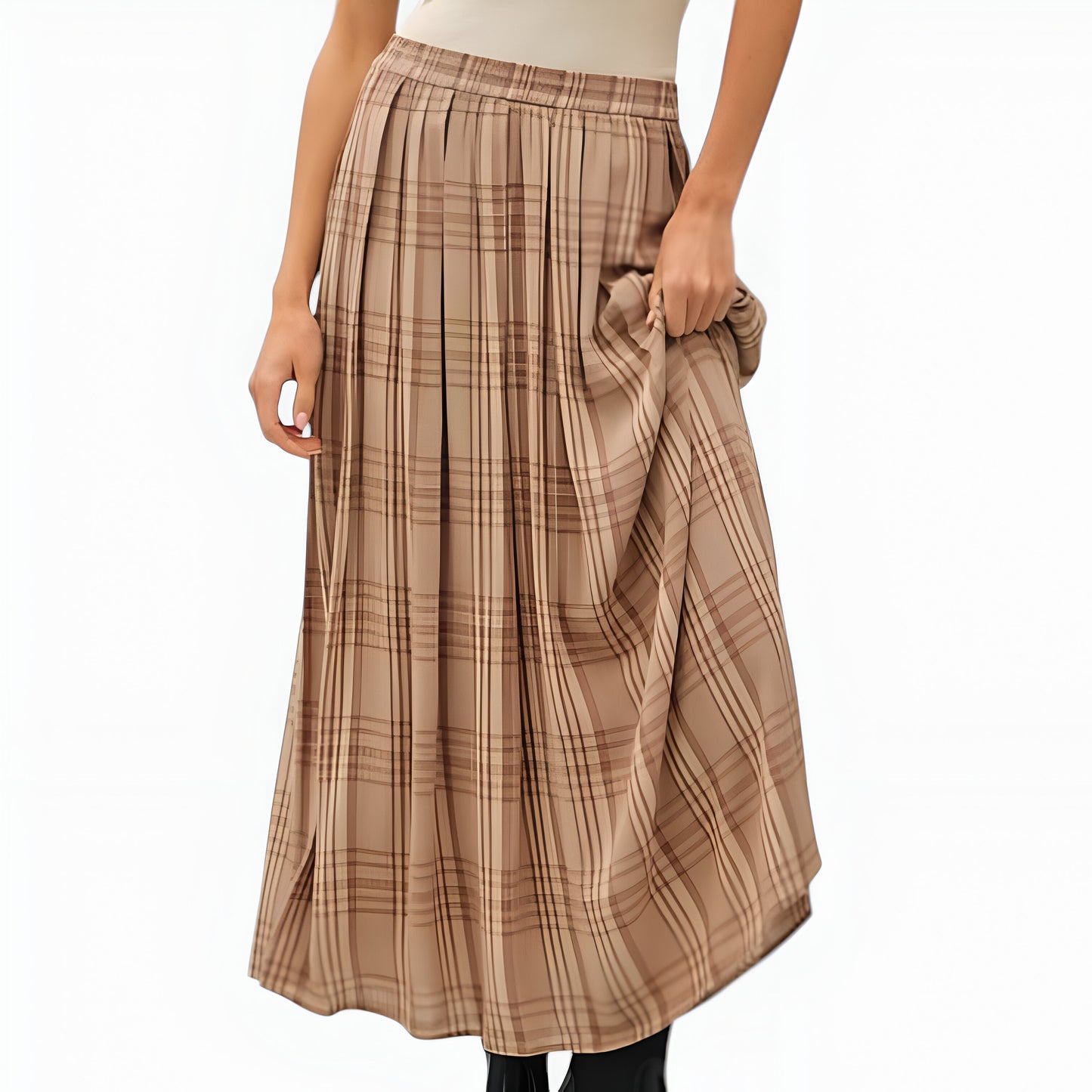Plaid Pleated Maxi Skirt with Elastic Waistband and Side Pockets
