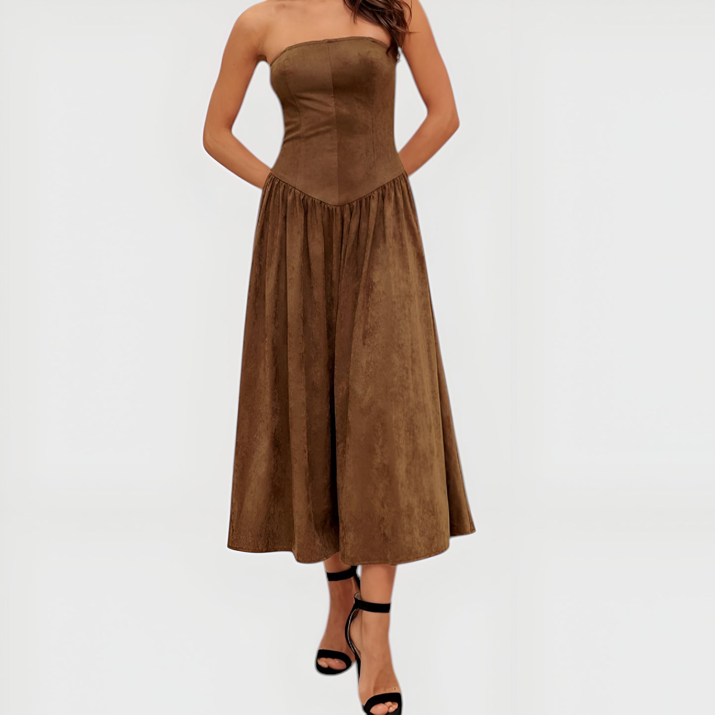 Strapless Midi Dress with Fitted Bodice and Flared Skirt
