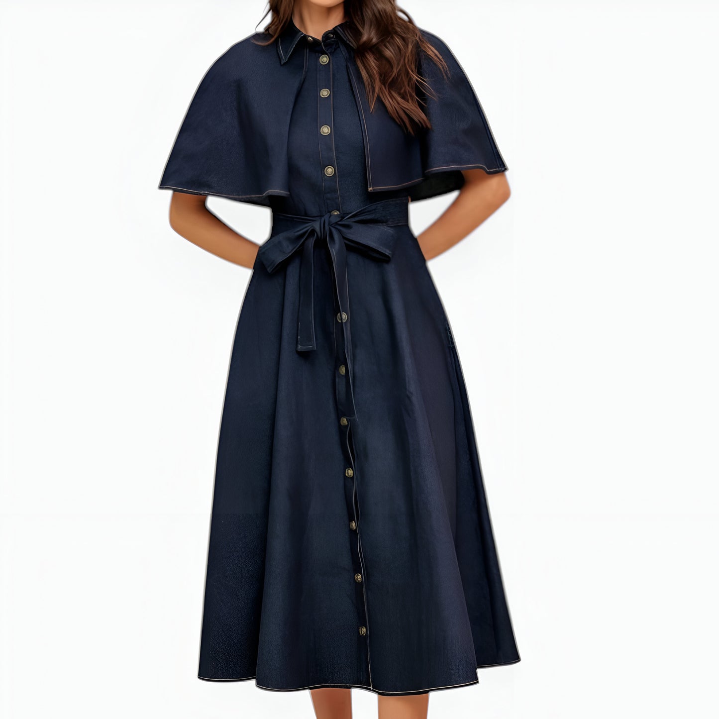 Cape Sleeve Denim Midi Dress with Button Front, Waist Tie and Collar