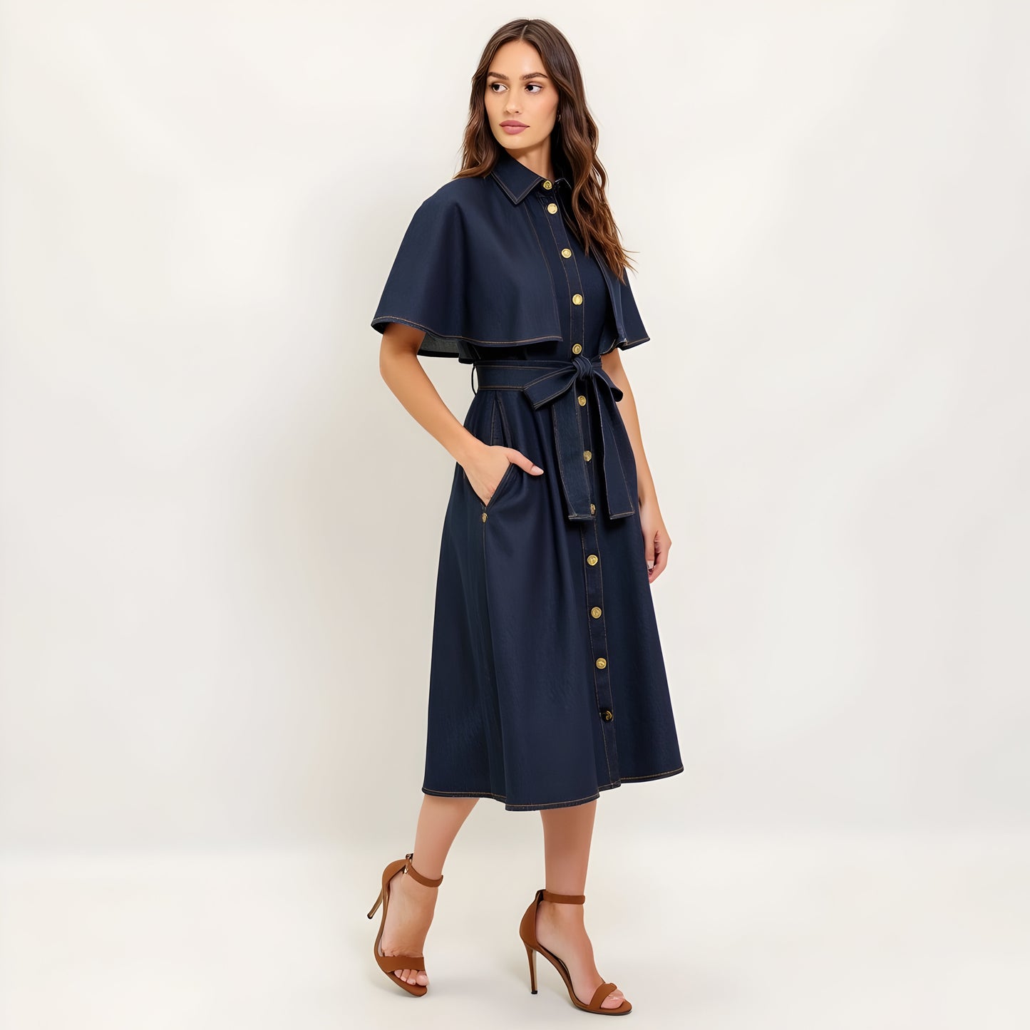 Cape Sleeve Denim Midi Dress with Button Front, Waist Tie and Collar