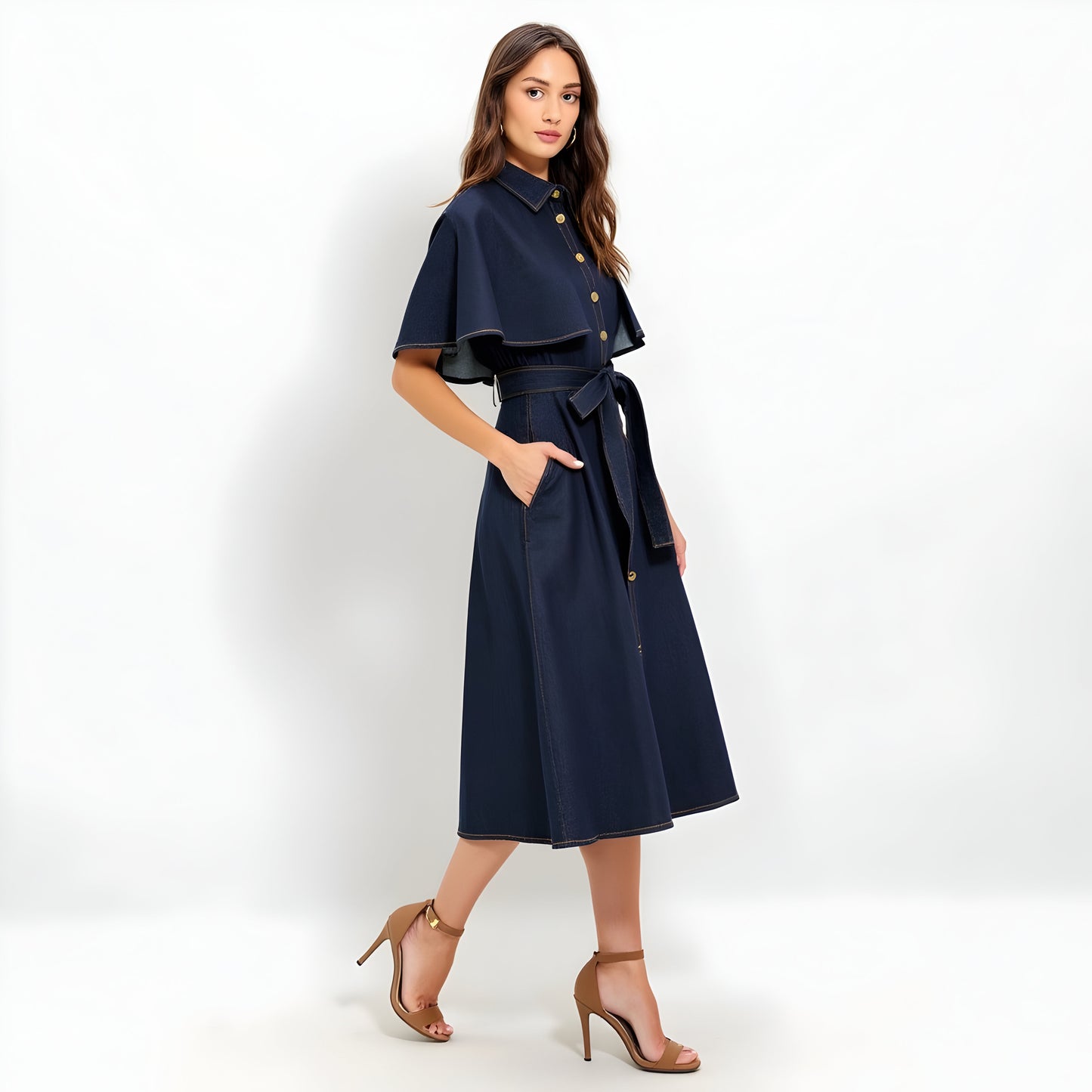 Cape Sleeve Denim Midi Dress with Button Front, Waist Tie and Collar