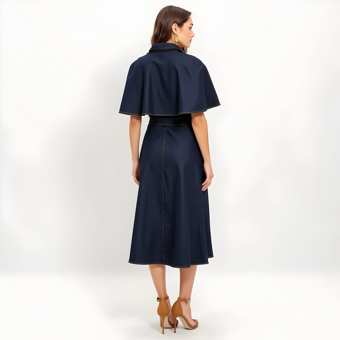 Cape Sleeve Denim Midi Dress with Button Front, Waist Tie and Collar