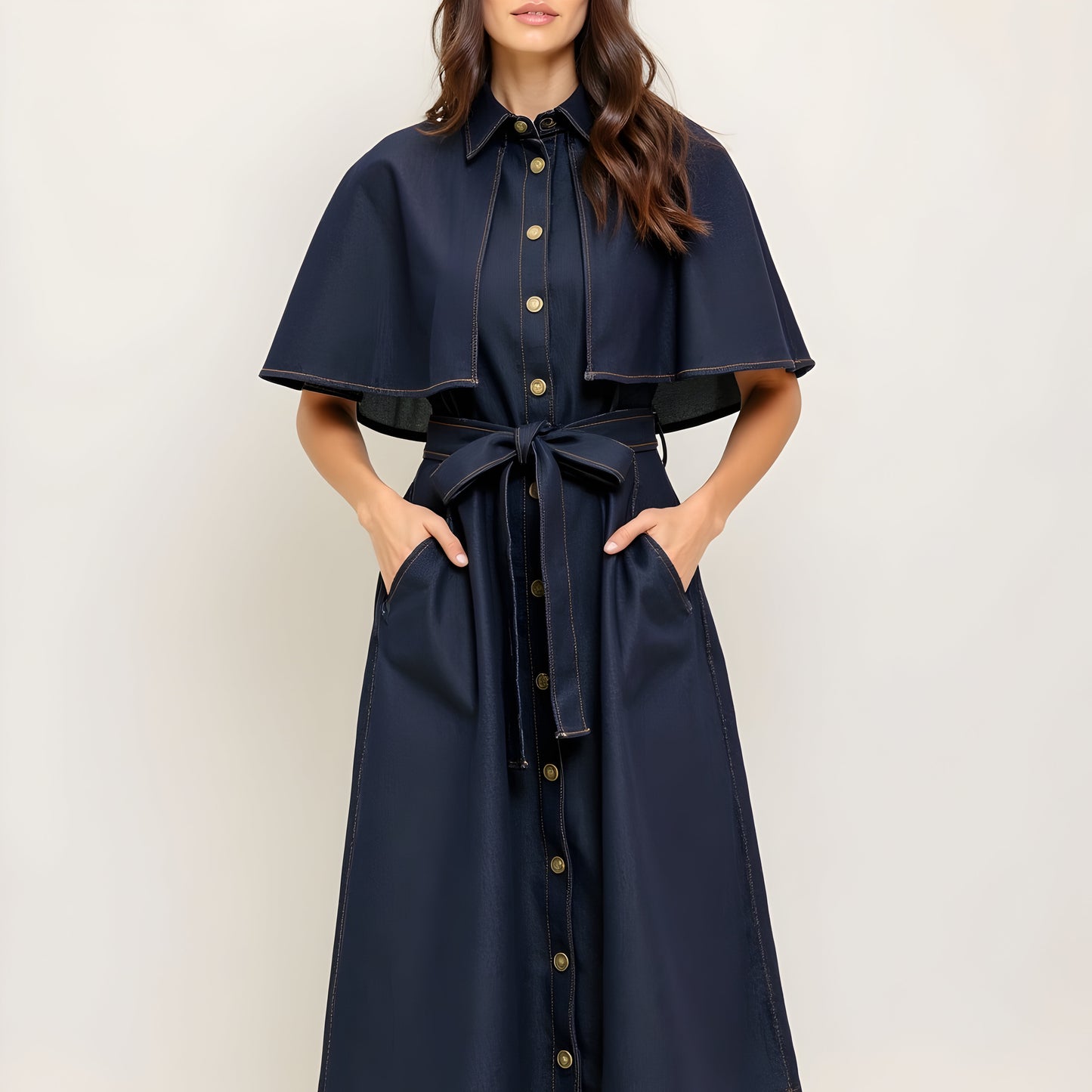Cape Sleeve Denim Midi Dress with Button Front, Waist Tie and Collar