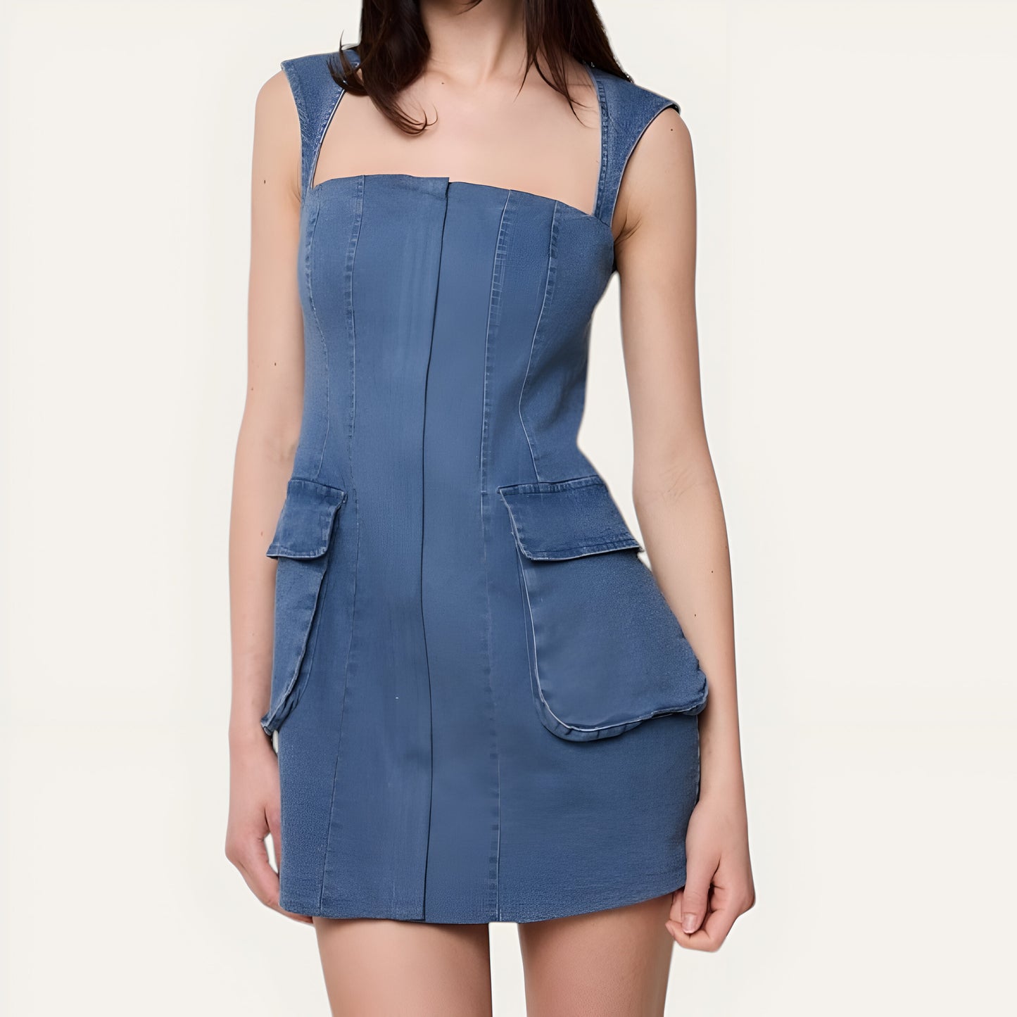 Square Neck Denim Mini Dress with Flap Patch Pockets