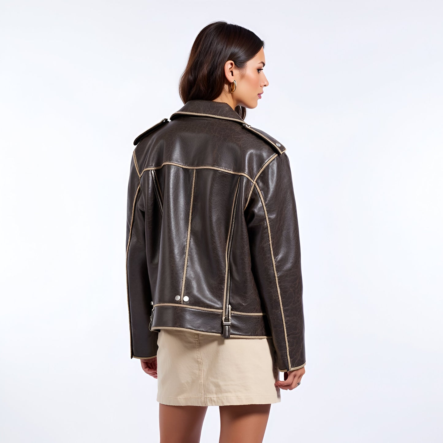 Oversized Faux Leather Moto Jacket with Contrast Piping and Zip Detail