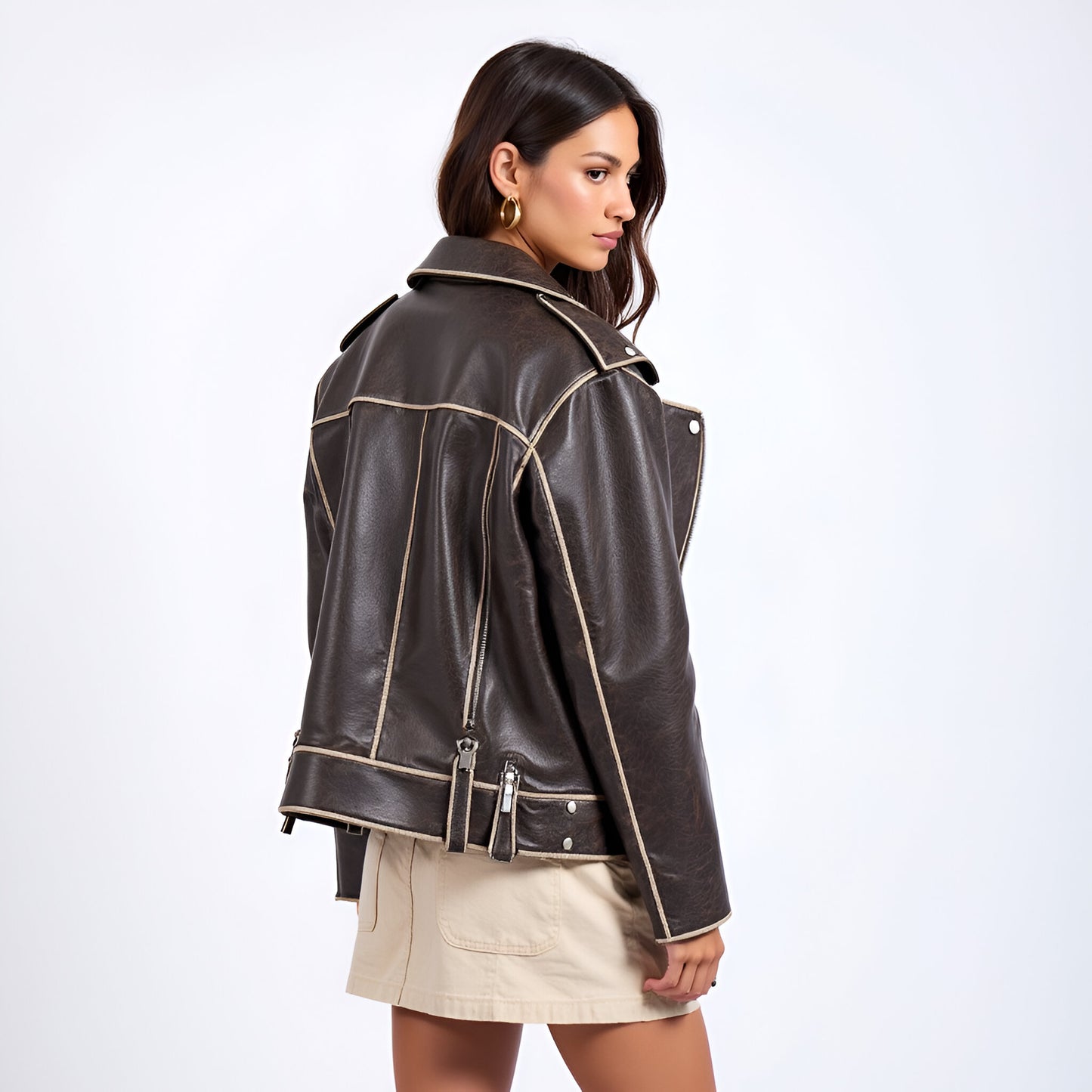 Oversized Faux Leather Moto Jacket with Contrast Piping and Zip Detail