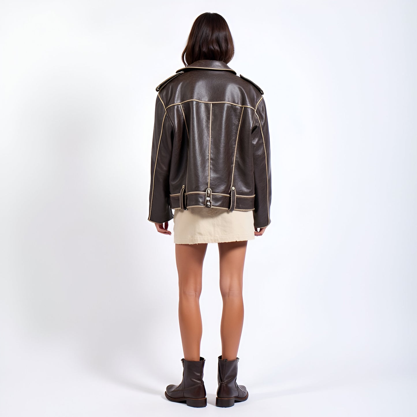 Oversized Faux Leather Moto Jacket with Contrast Piping and Zip Detail