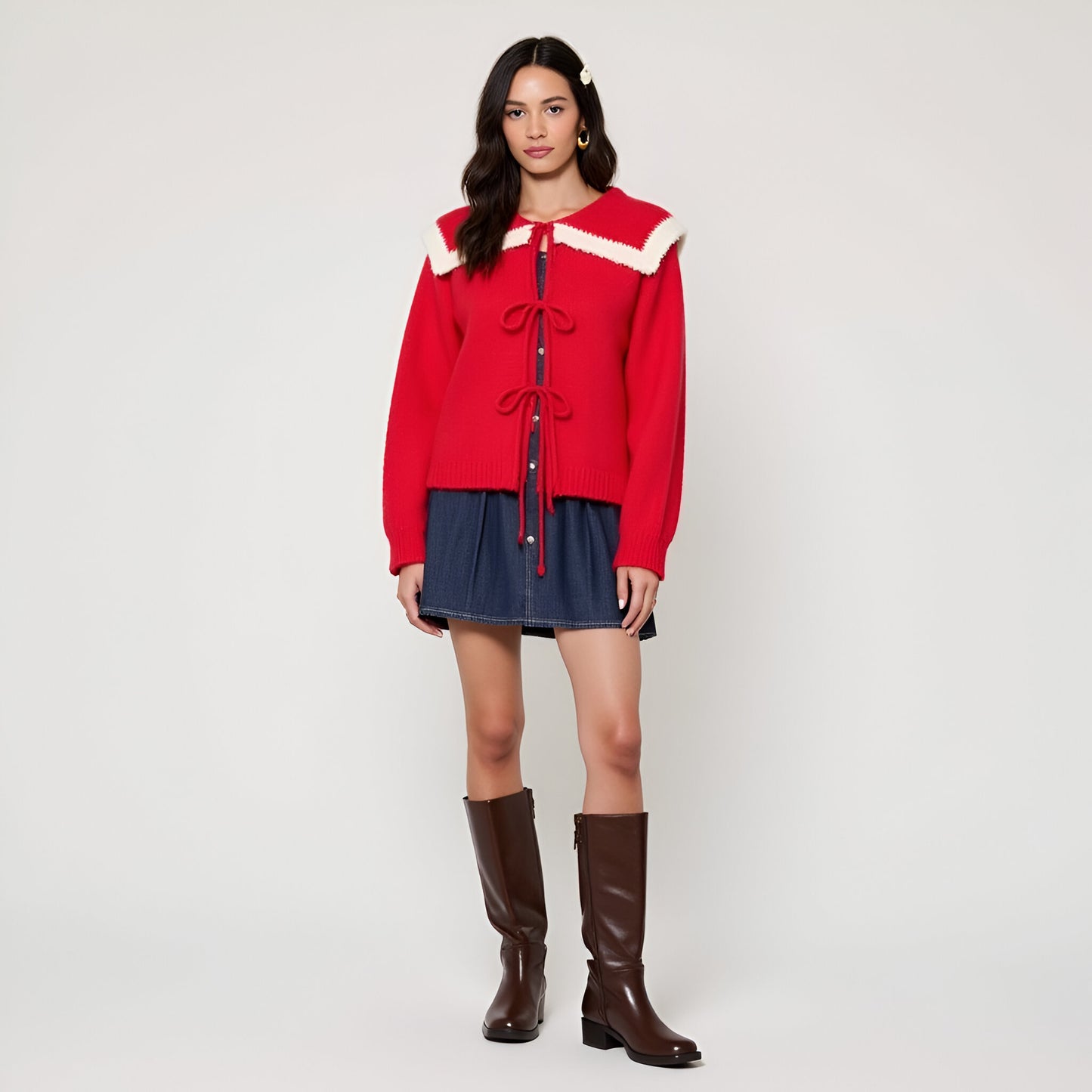 Ruffle Collar Knit Sweater with Tie-Front Closures and Contrast Trim