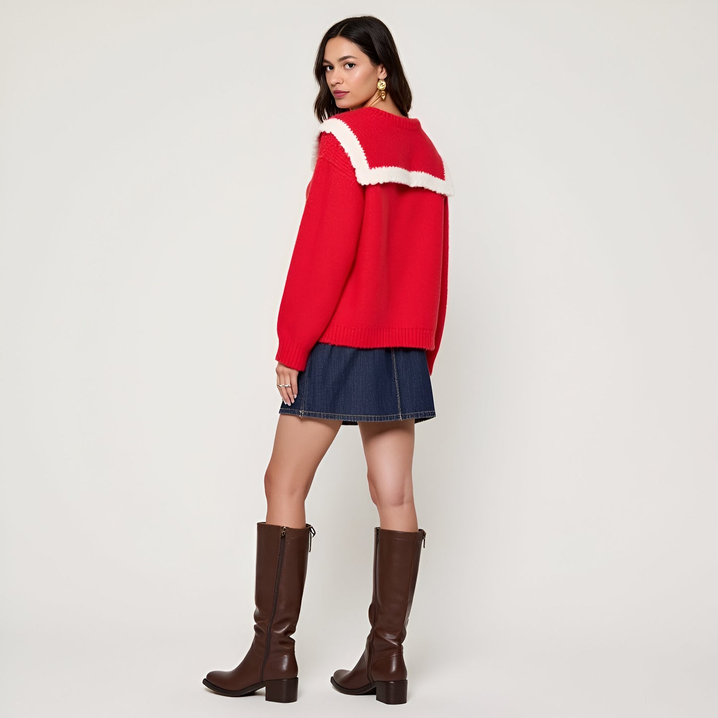 Ruffle Collar Knit Sweater with Tie-Front Closures and Contrast Trim