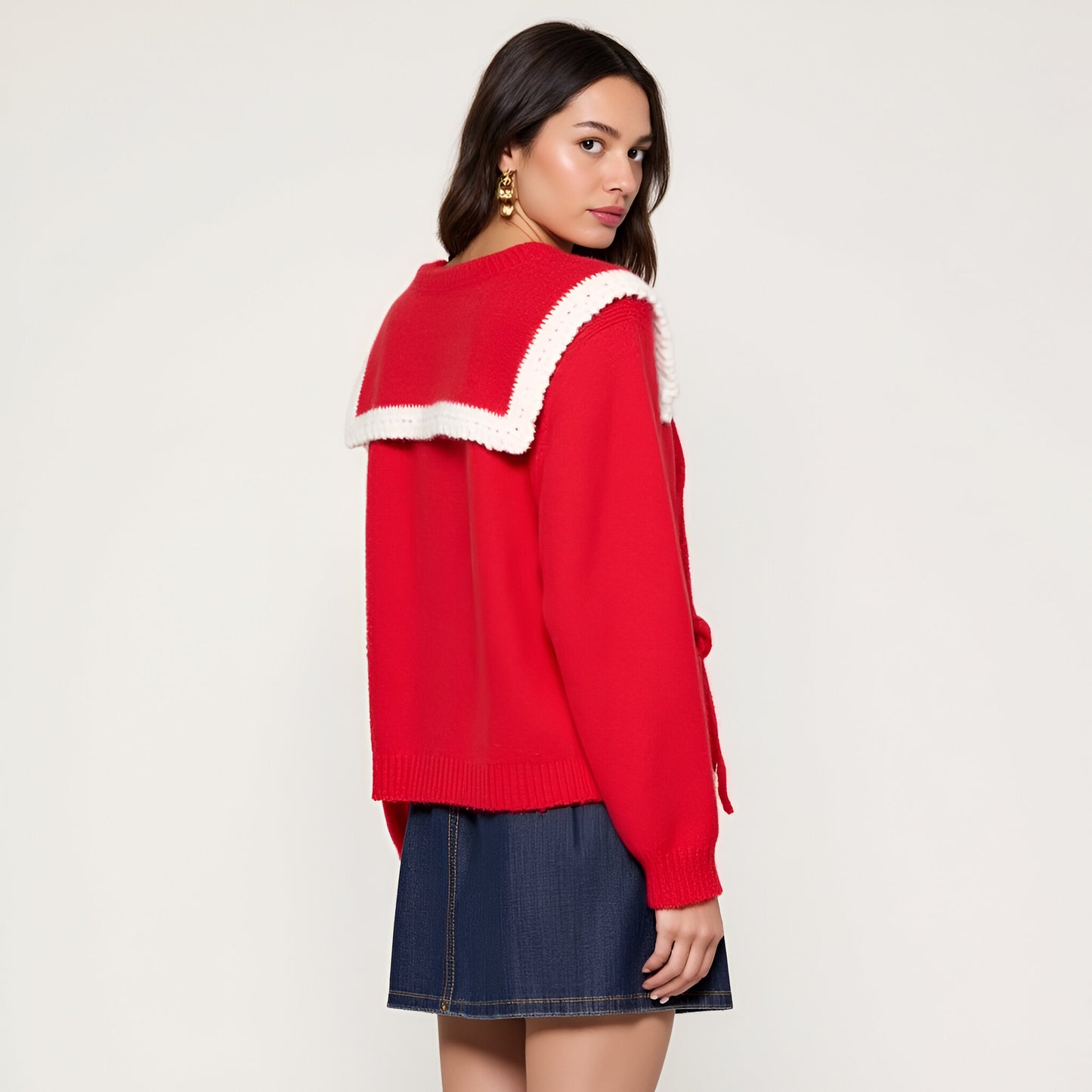 Ruffle Collar Knit Sweater with Tie-Front Closures and Contrast Trim