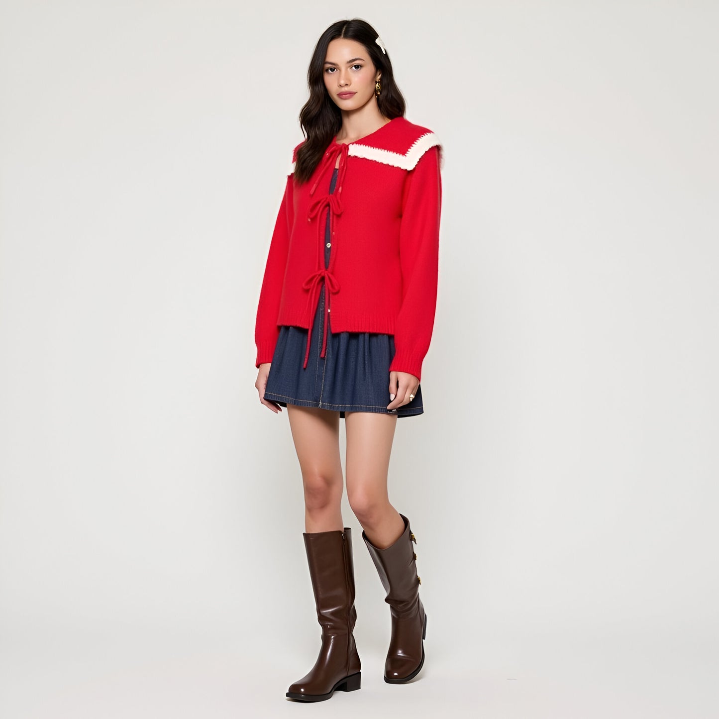 Ruffle Collar Knit Sweater with Tie-Front Closures and Contrast Trim