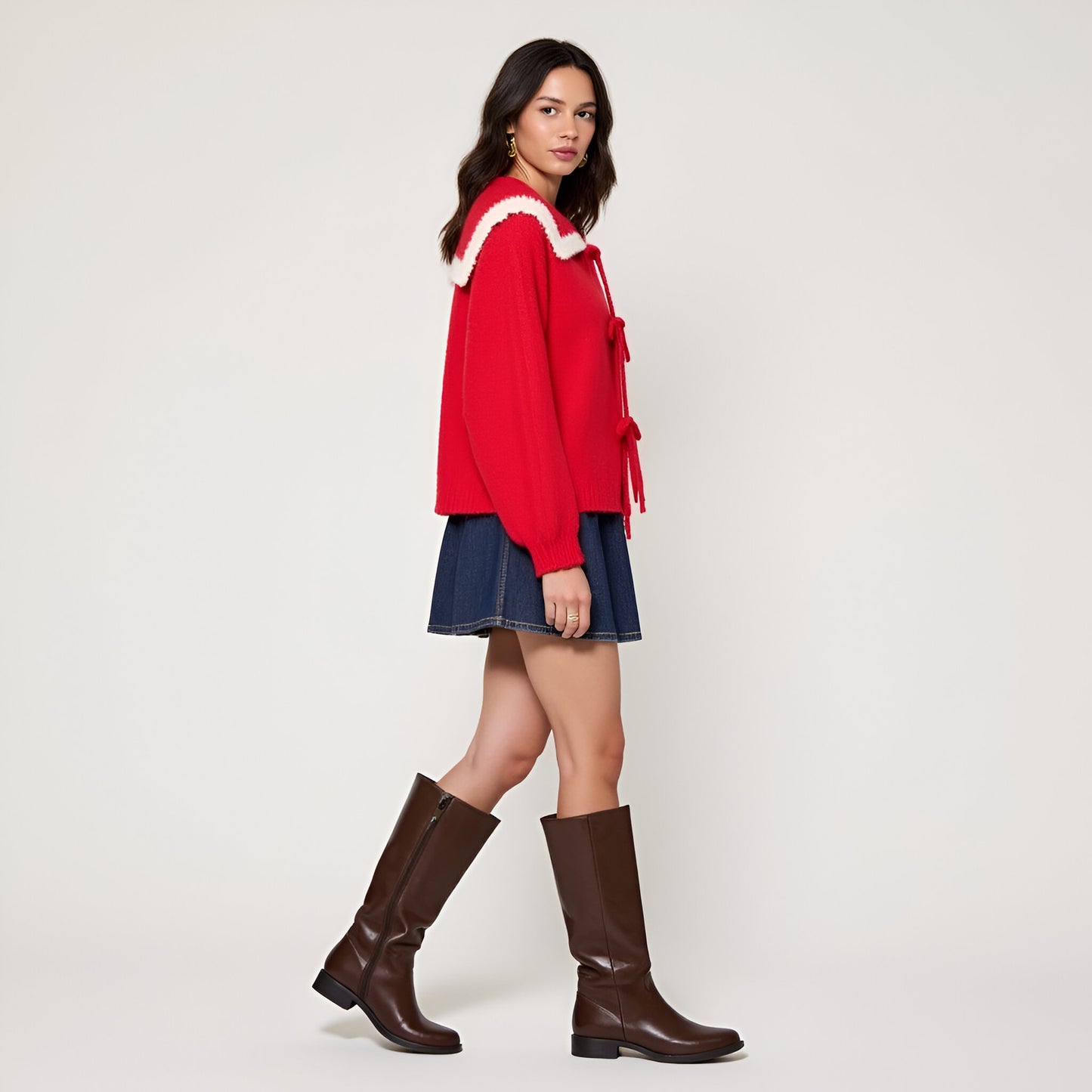 Ruffle Collar Knit Sweater with Tie-Front Closures and Contrast Trim