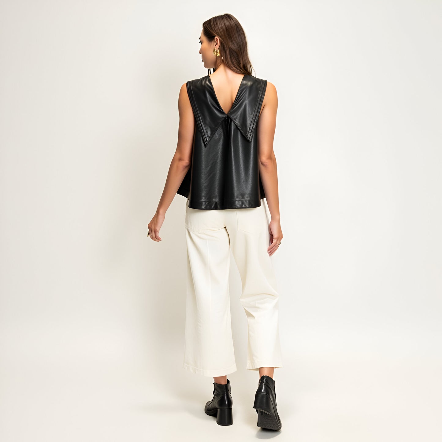 Sleeveless Faux Leather Top with Wide Collar and Tie Front