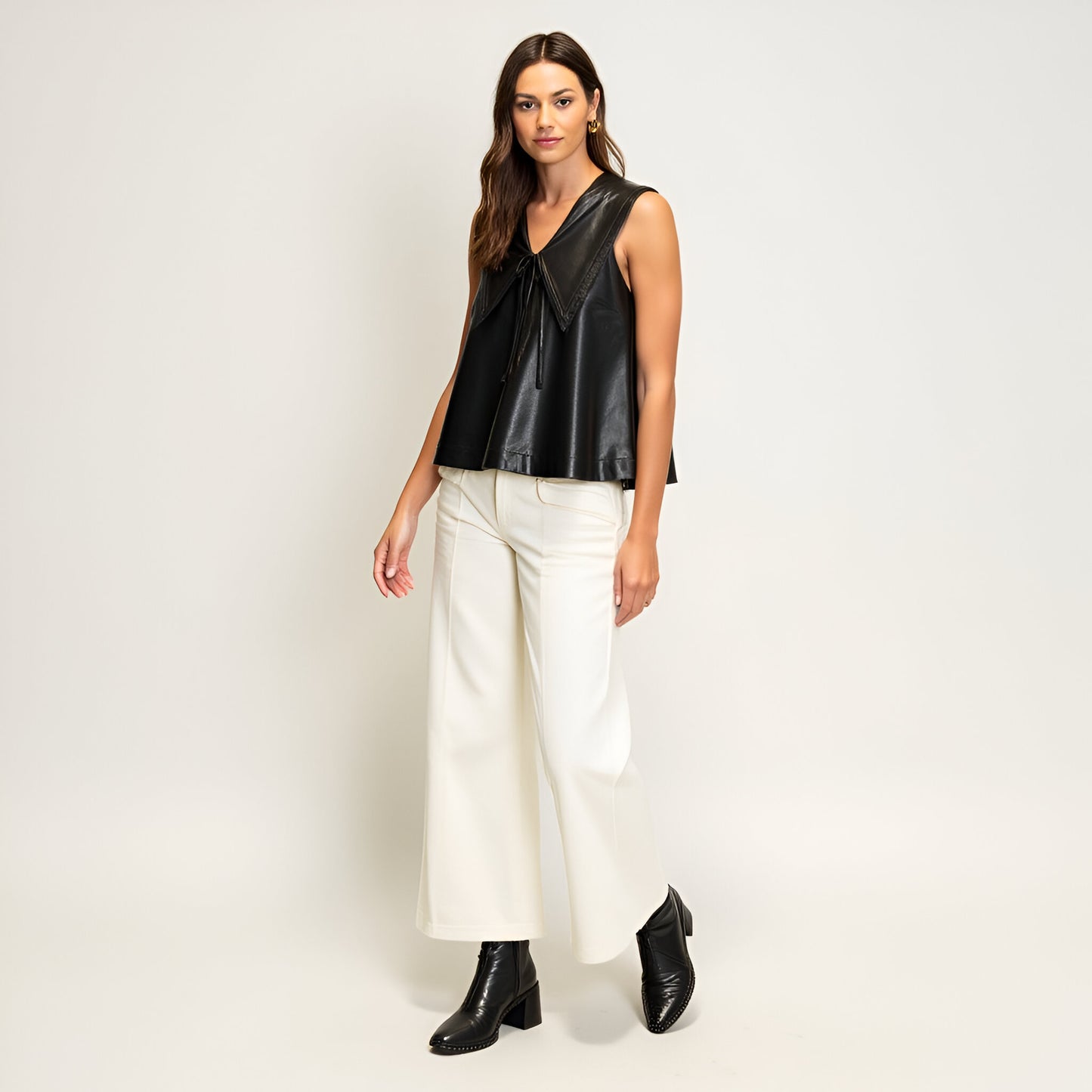 Sleeveless Faux Leather Top with Wide Collar and Tie Front