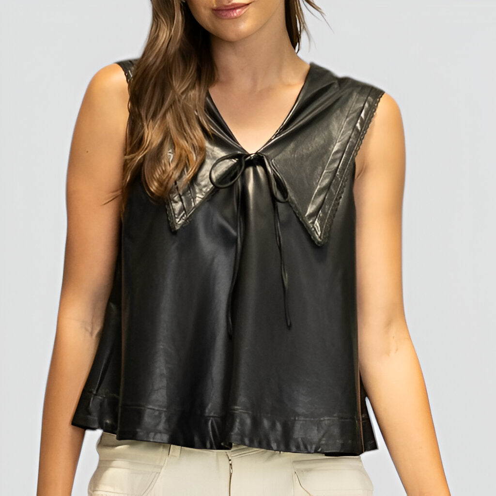 Sleeveless Faux Leather Top with Wide Collar and Tie Front