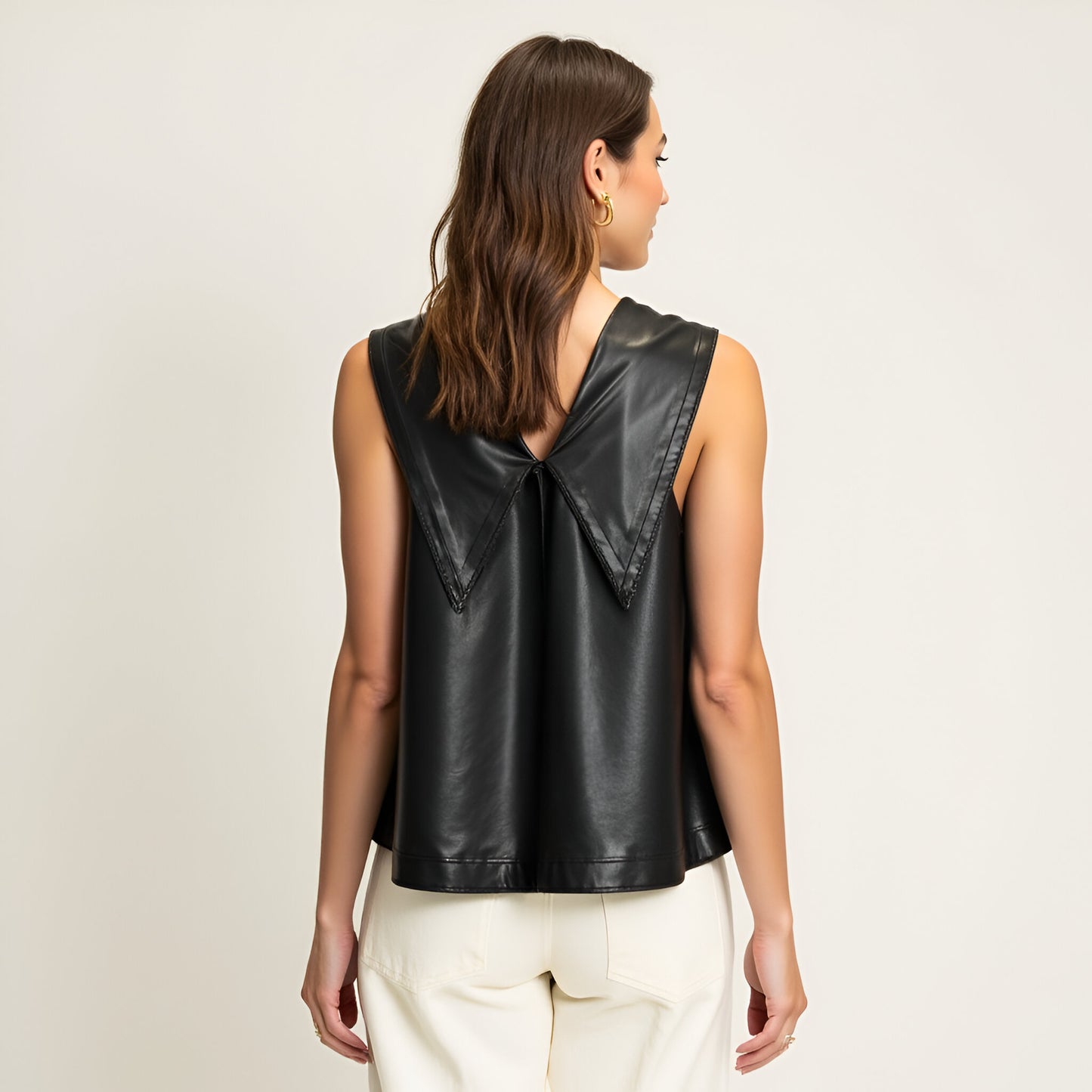 Sleeveless Faux Leather Top with Wide Collar and Tie Front