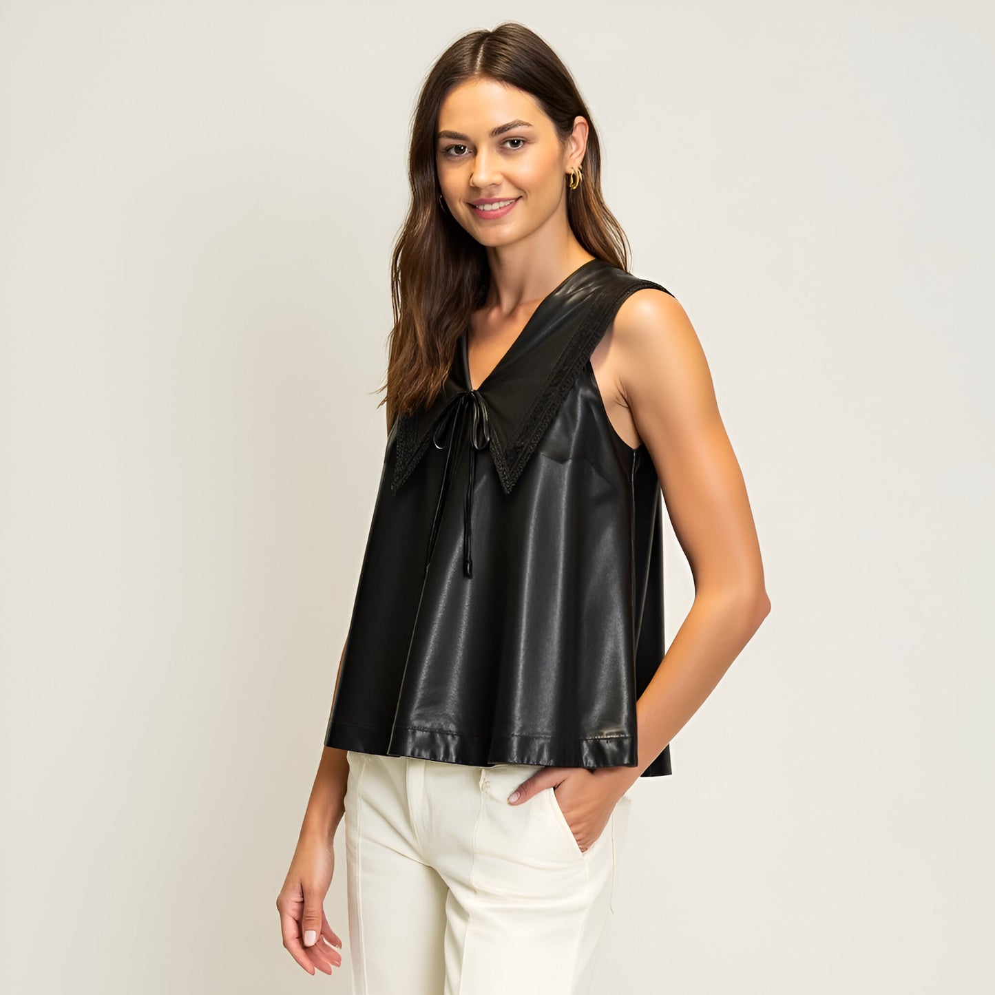 Sleeveless Faux Leather Top with Wide Collar and Tie Front