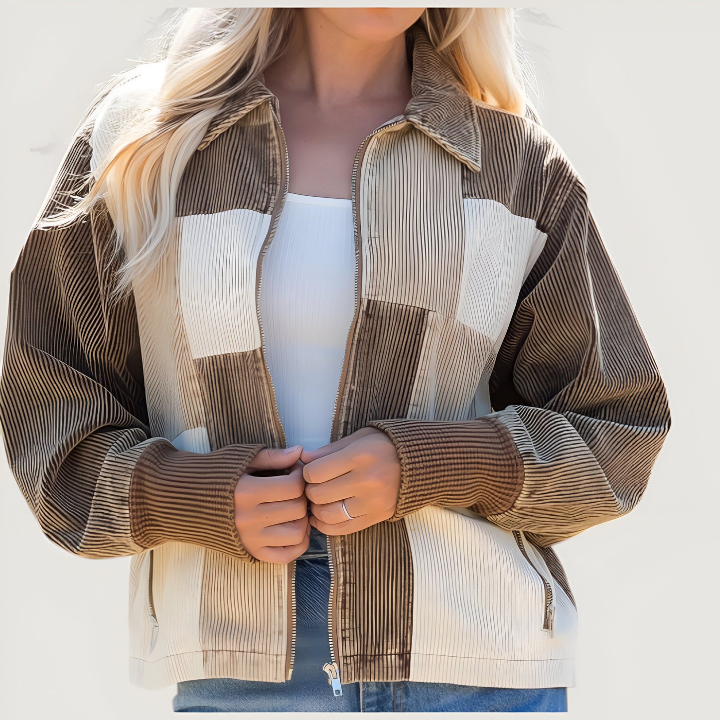 Colorblock Corduroy Zip-Up Jacket with Long Sleeves and Collar